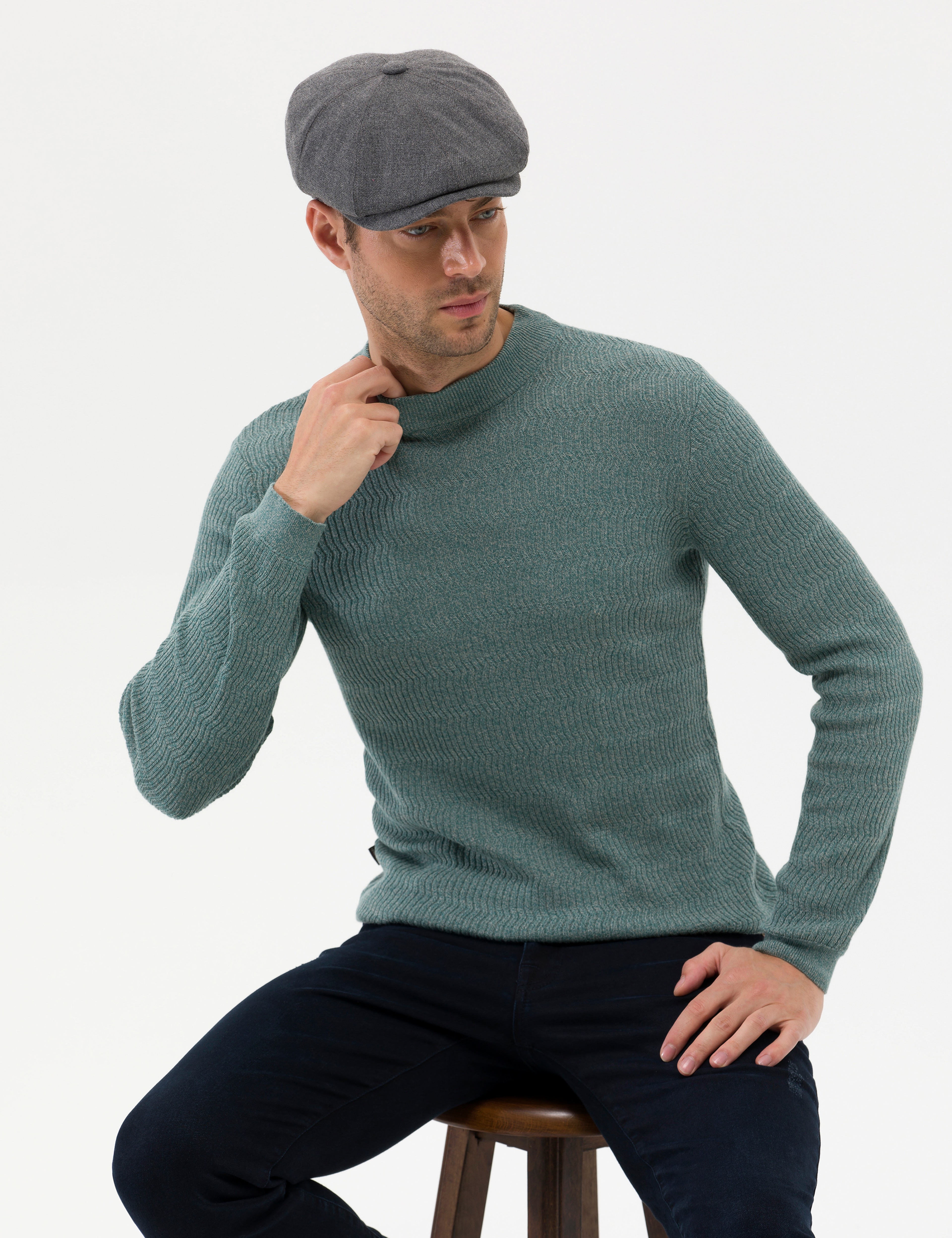 Yeşil Slim Fit Bisiklet Yaka Triko Kazak - Image 1