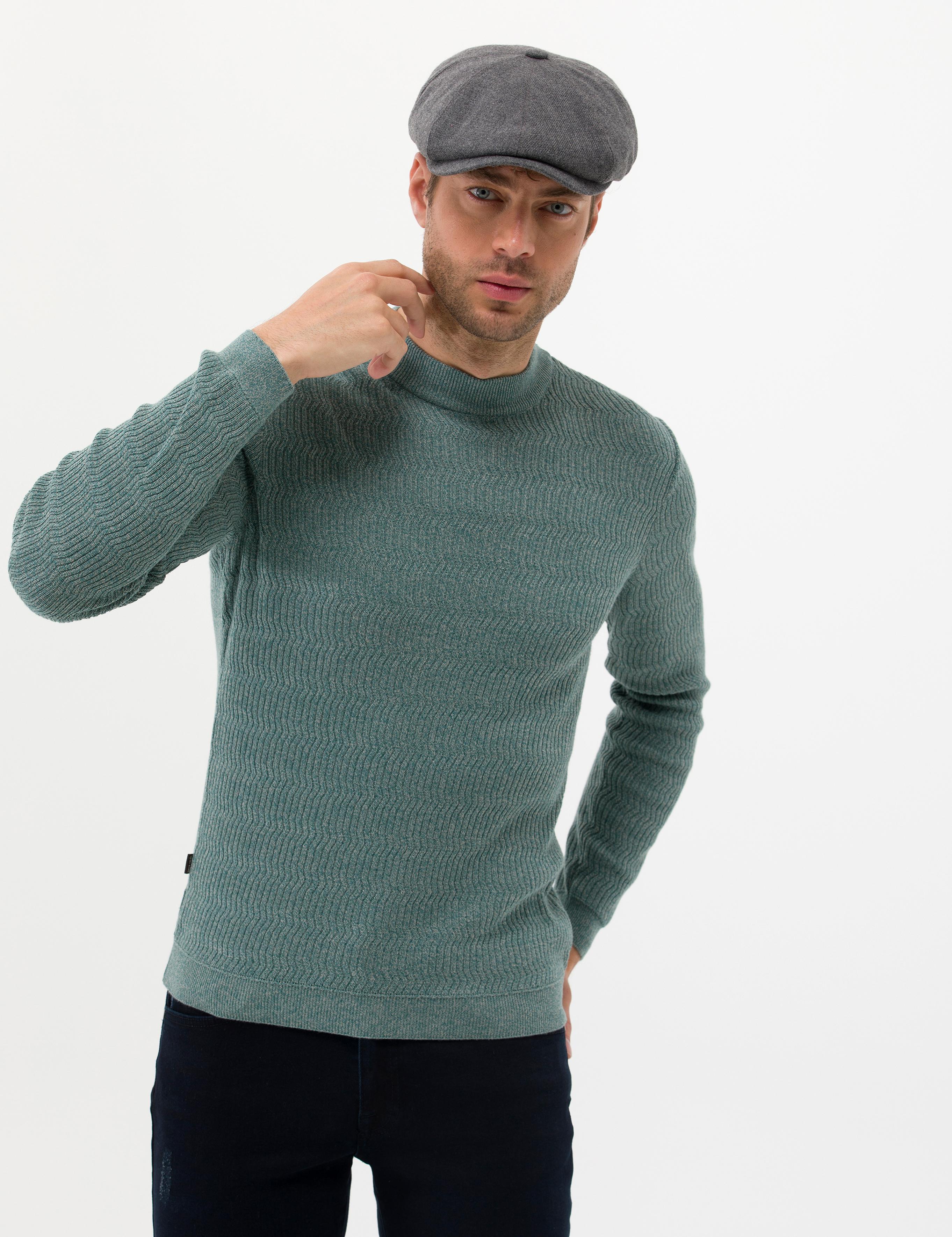 Yeşil Slim Fit Bisiklet Yaka Triko Kazak