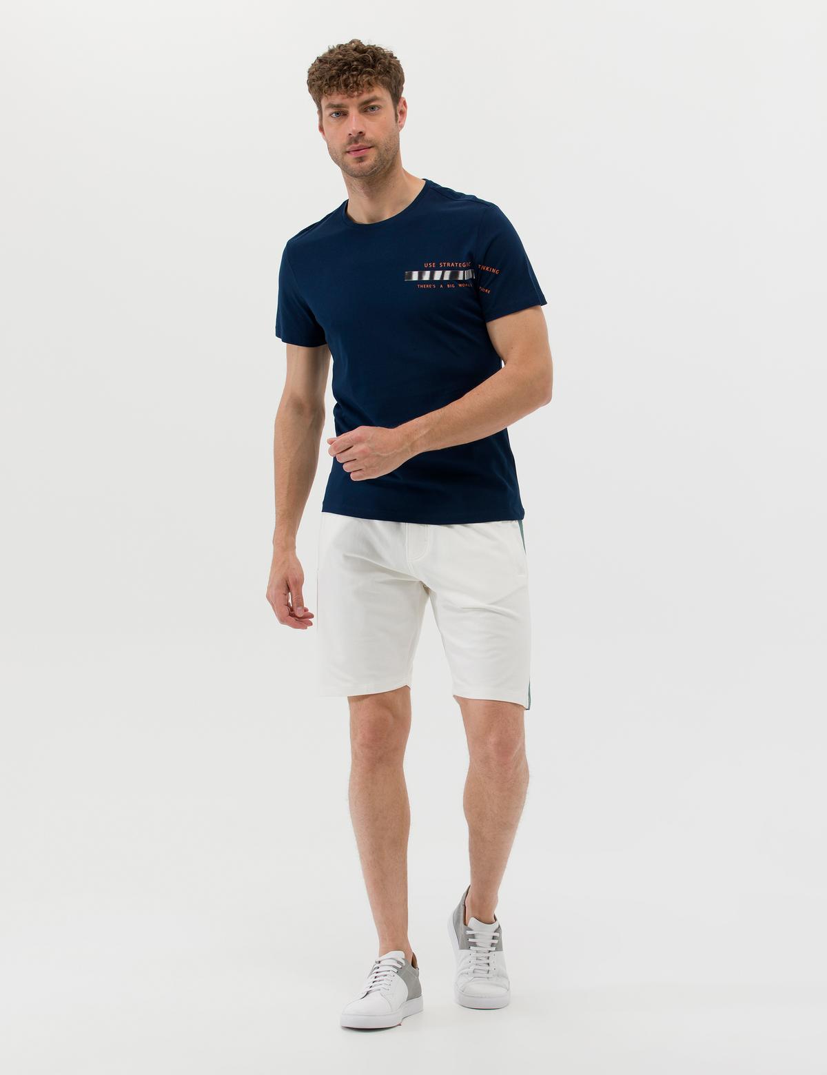 Lacivert Slim Fit Baskılı Bisiklet Yaka Tişört - 50262619058