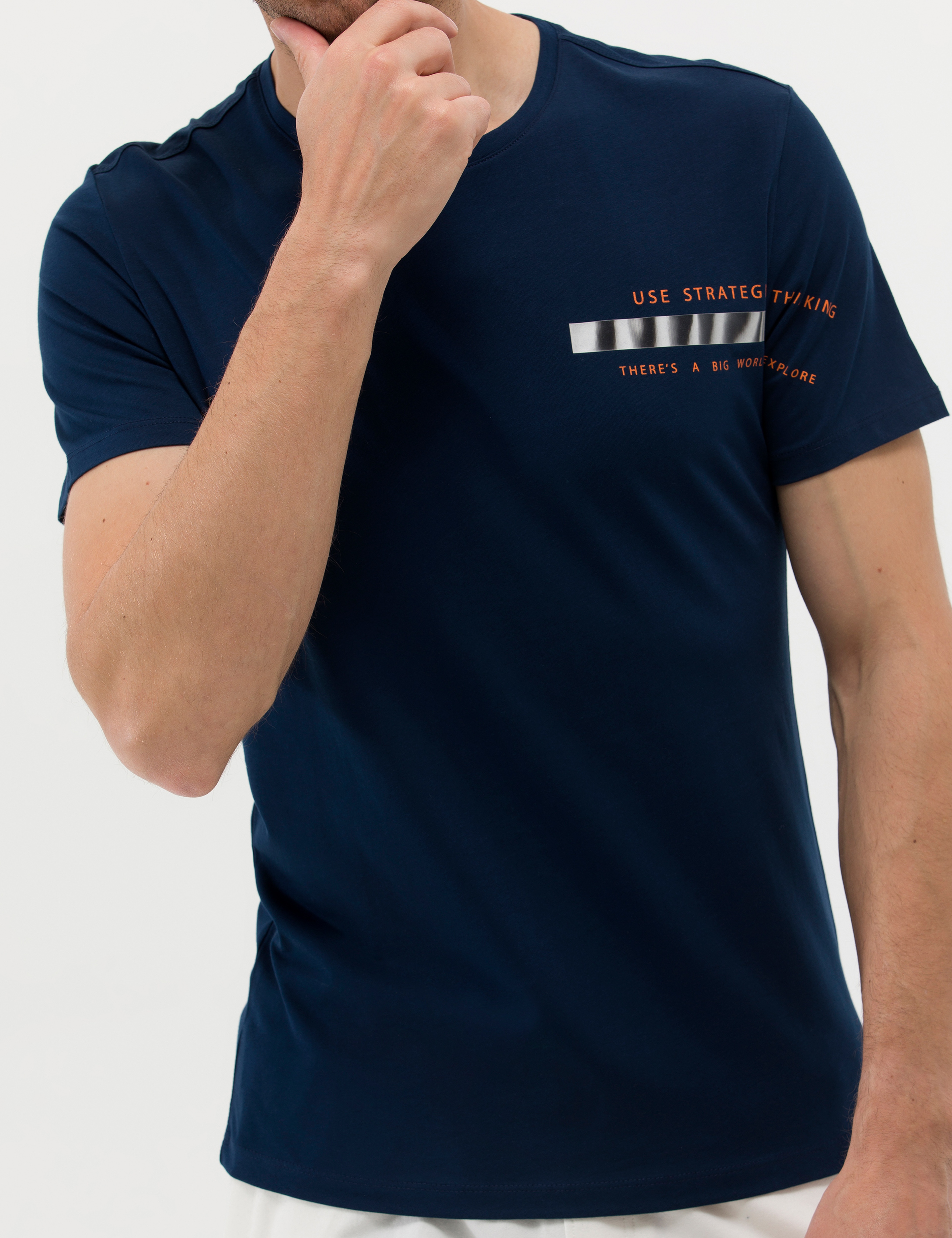 Lacivert Slim Fit Baskılı Bisiklet Yaka Tişört
