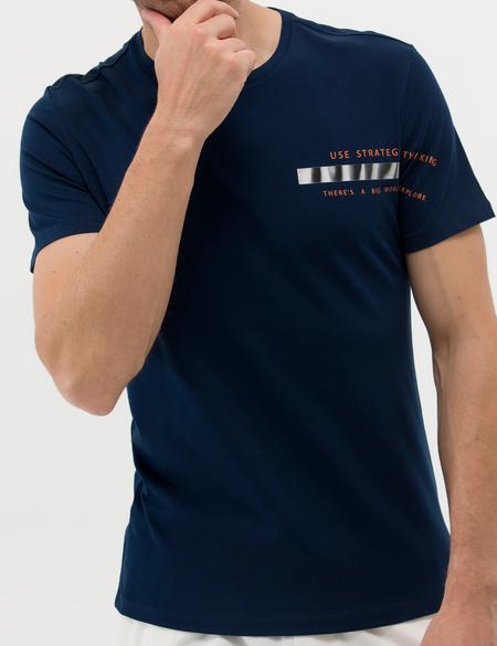 Lacivert Slim Fit Baskılı Bisiklet Yaka Tişört - 50262619058