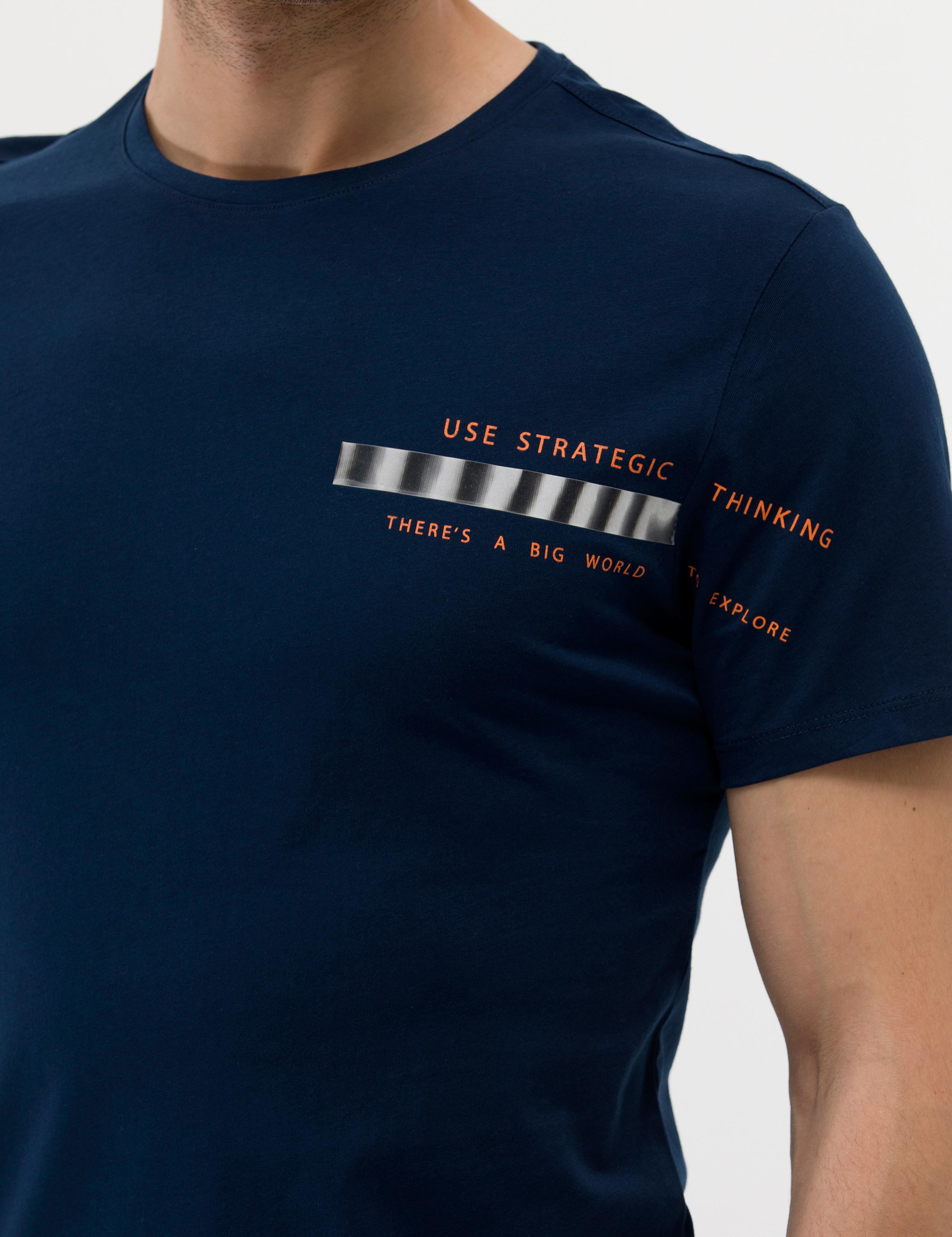 Lacivert Slim Fit Baskılı Bisiklet Yaka Tişört