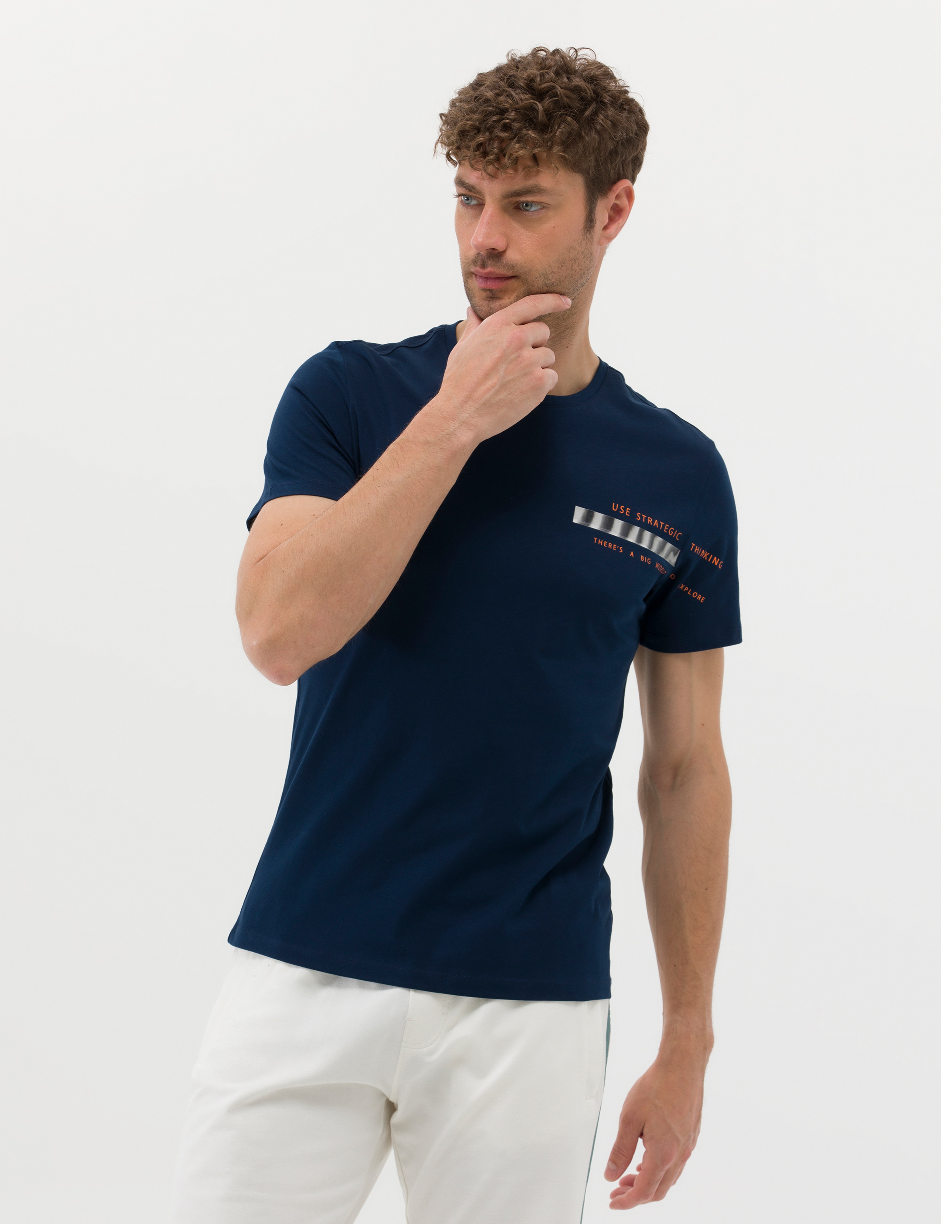 Lacivert Slim Fit Baskılı Bisiklet Yaka Tişört - Image 4