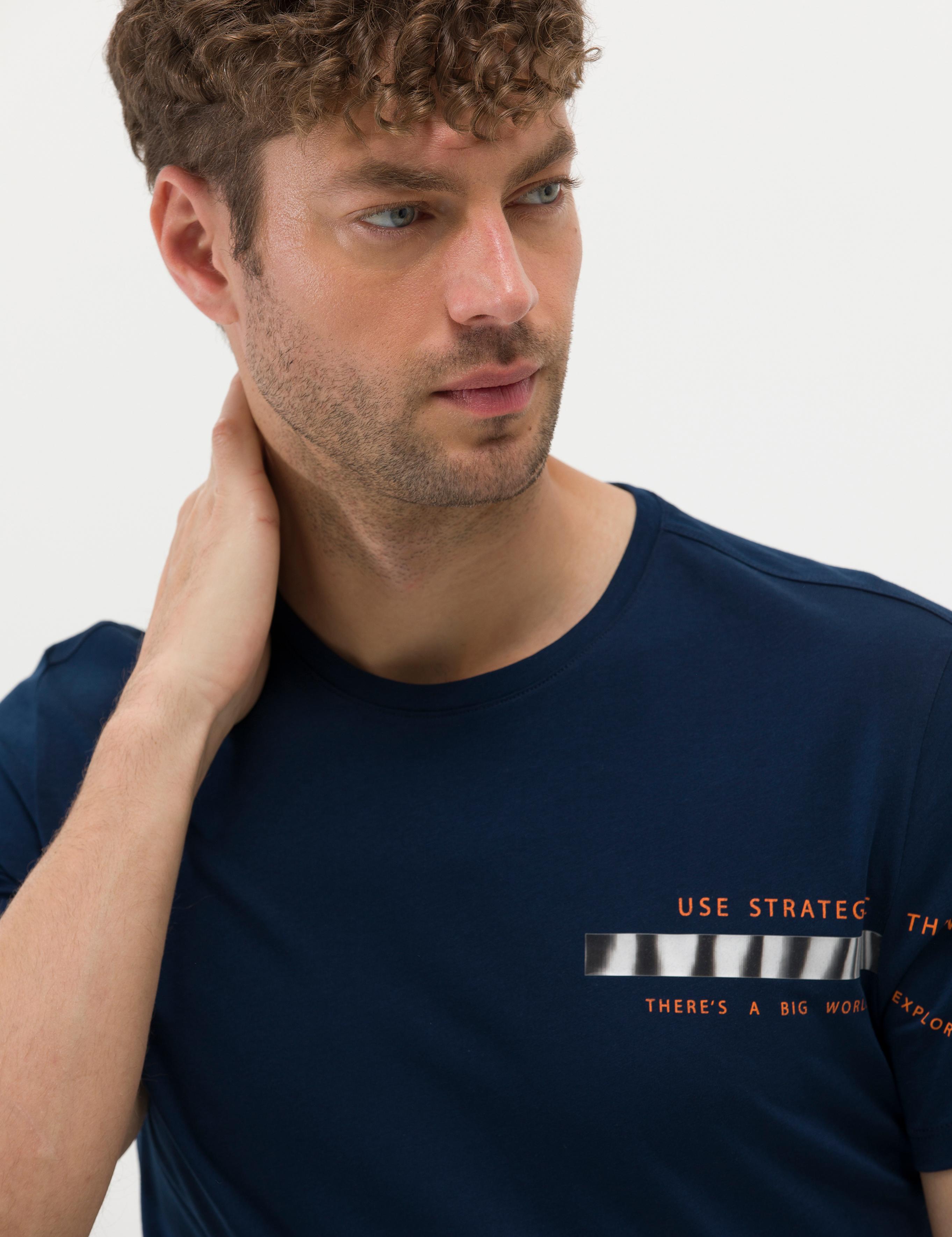 Lacivert Slim Fit Baskılı Bisiklet Yaka Tişört