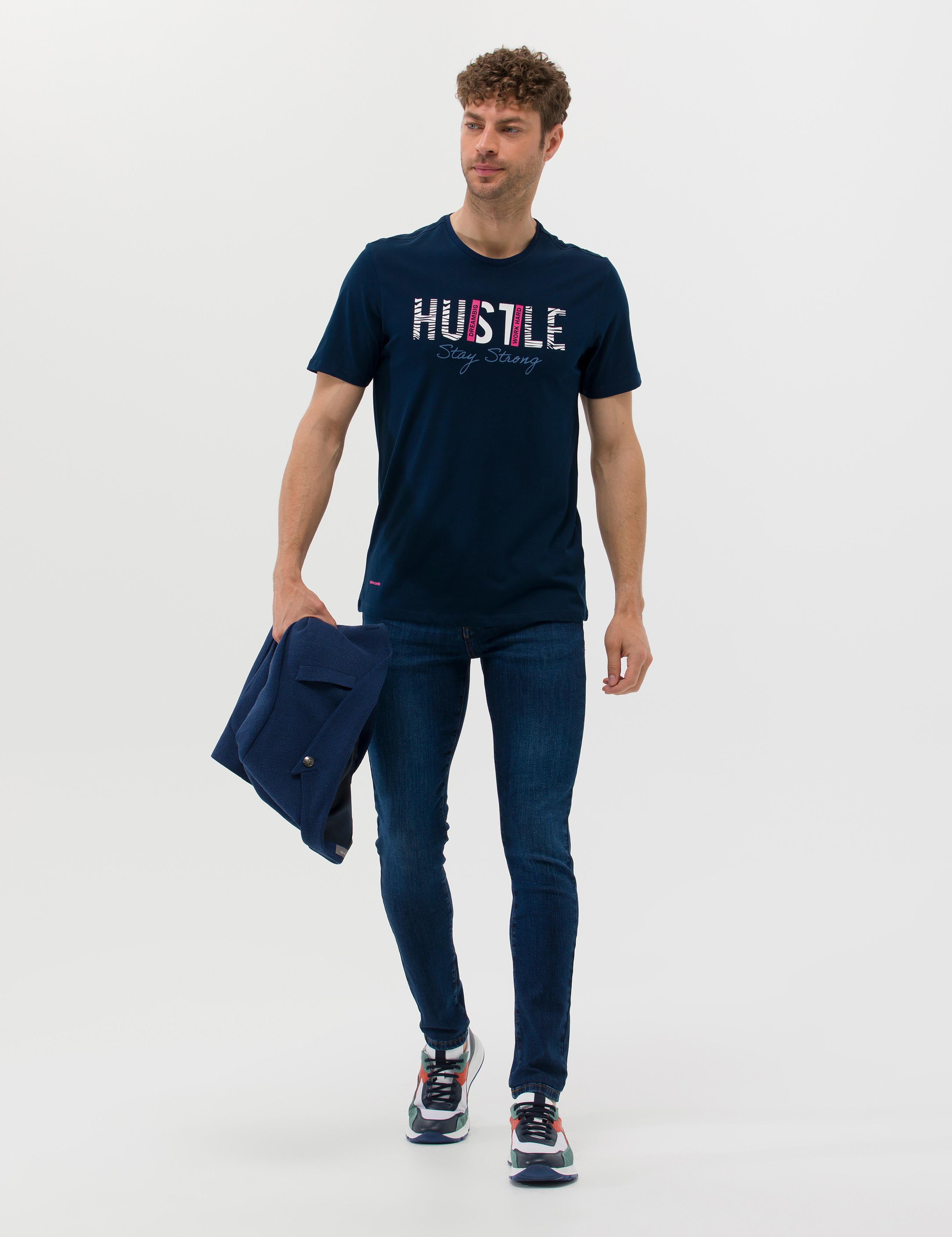 Lacivert Slim Fit Baskılı Bisiklet Yaka Tişört