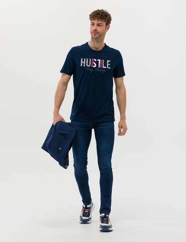 Lacivert Slim Fit Baskılı Bisiklet Yaka Tişört