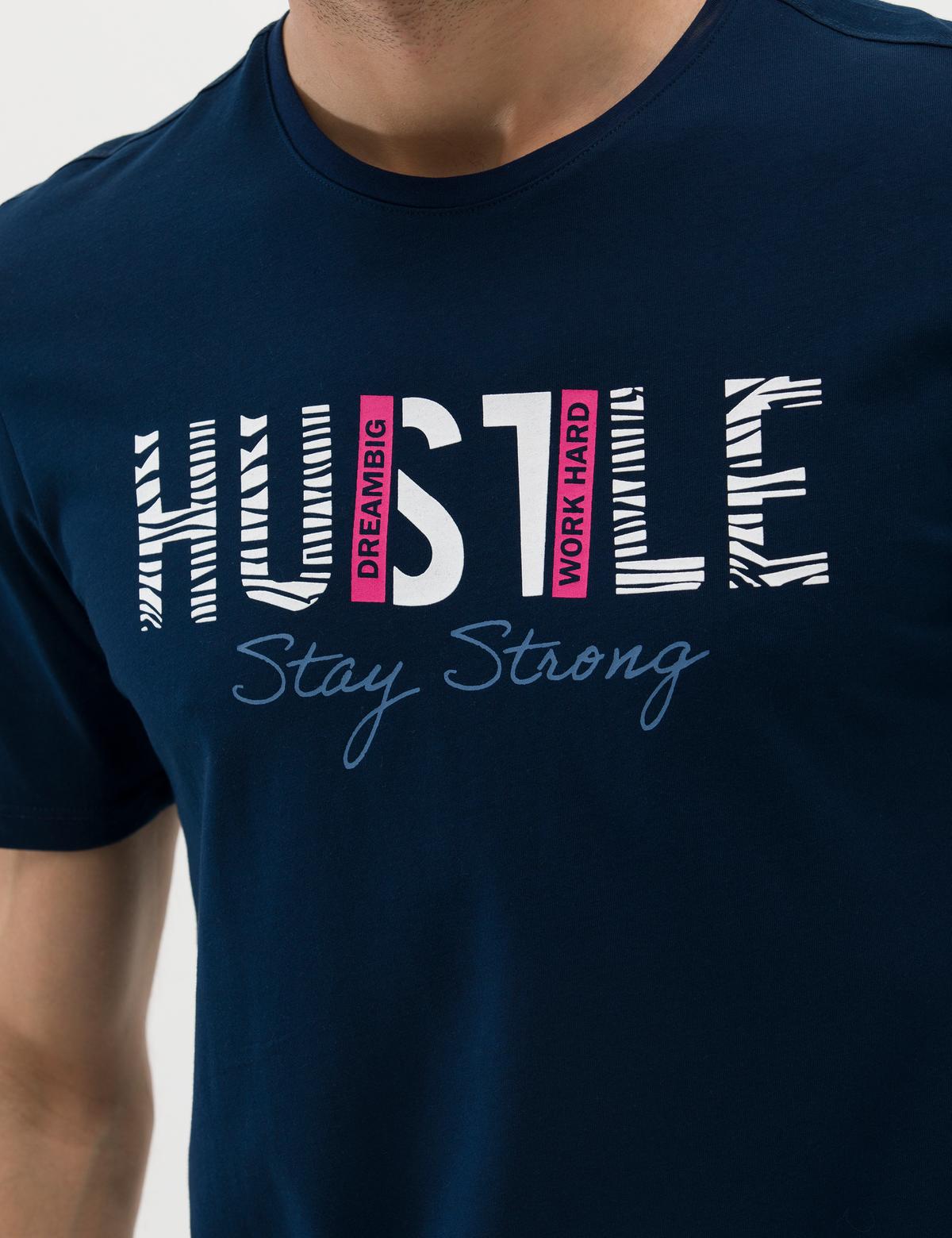 Lacivert Slim Fit Baskılı Bisiklet Yaka Tişört - 50262662088