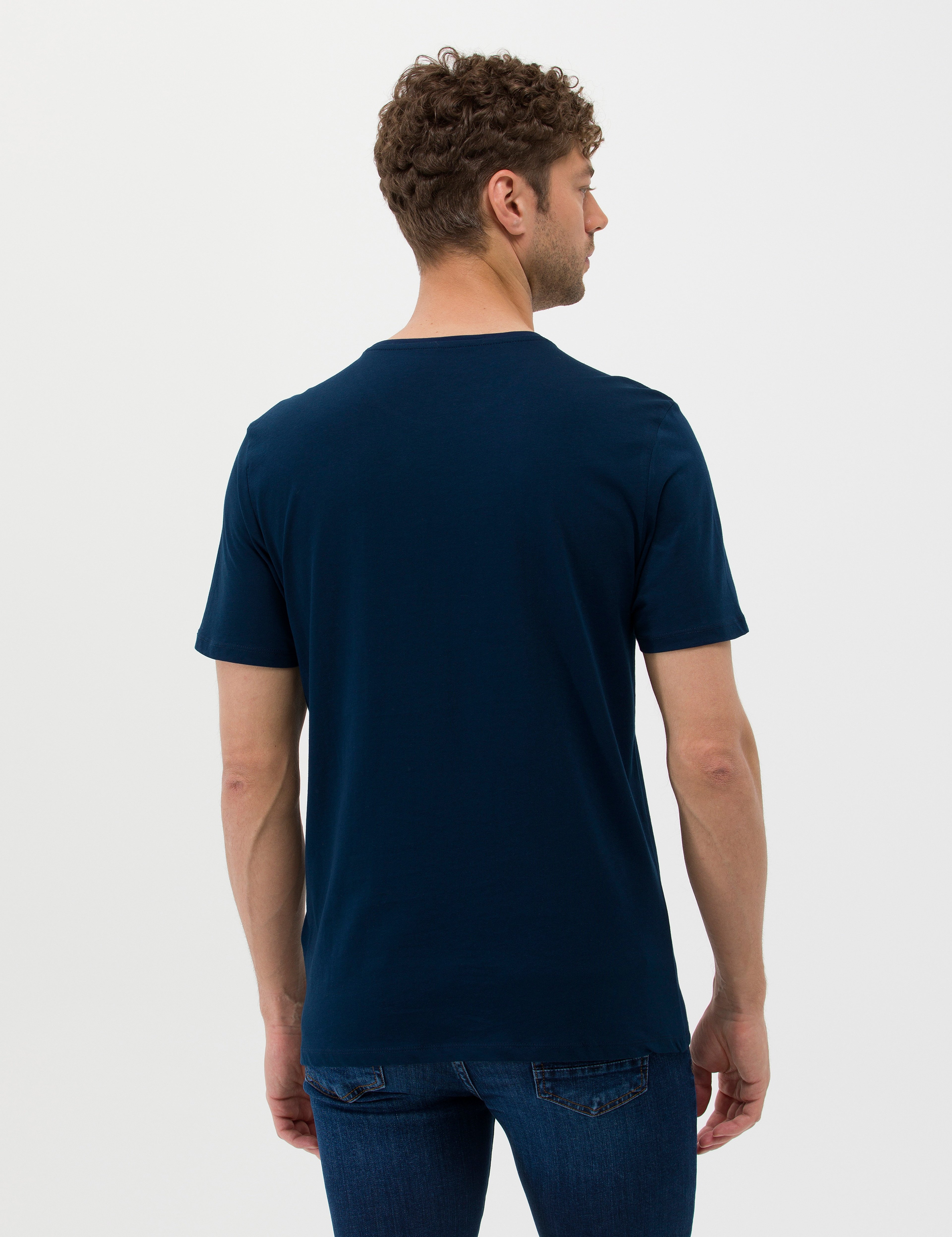 Lacivert Slim Fit Baskılı Bisiklet Yaka Tişört - Image 5