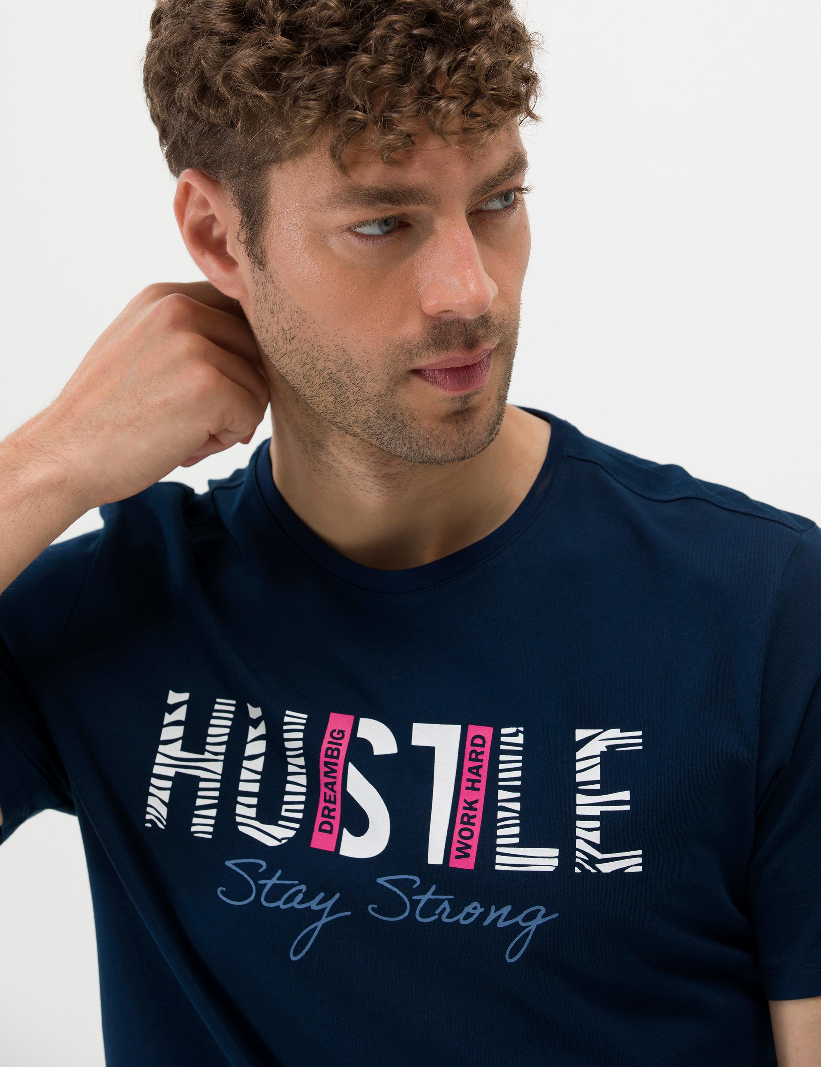 Lacivert Slim Fit Baskılı Bisiklet Yaka Tişört