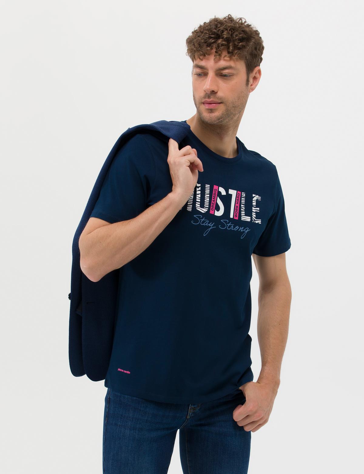 Lacivert Slim Fit Baskılı Bisiklet Yaka Tişört