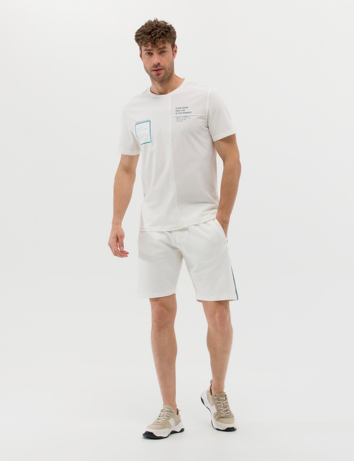 Ekru Slim Fit Baskılı Bisiklet Yaka Tişört - 50263929061