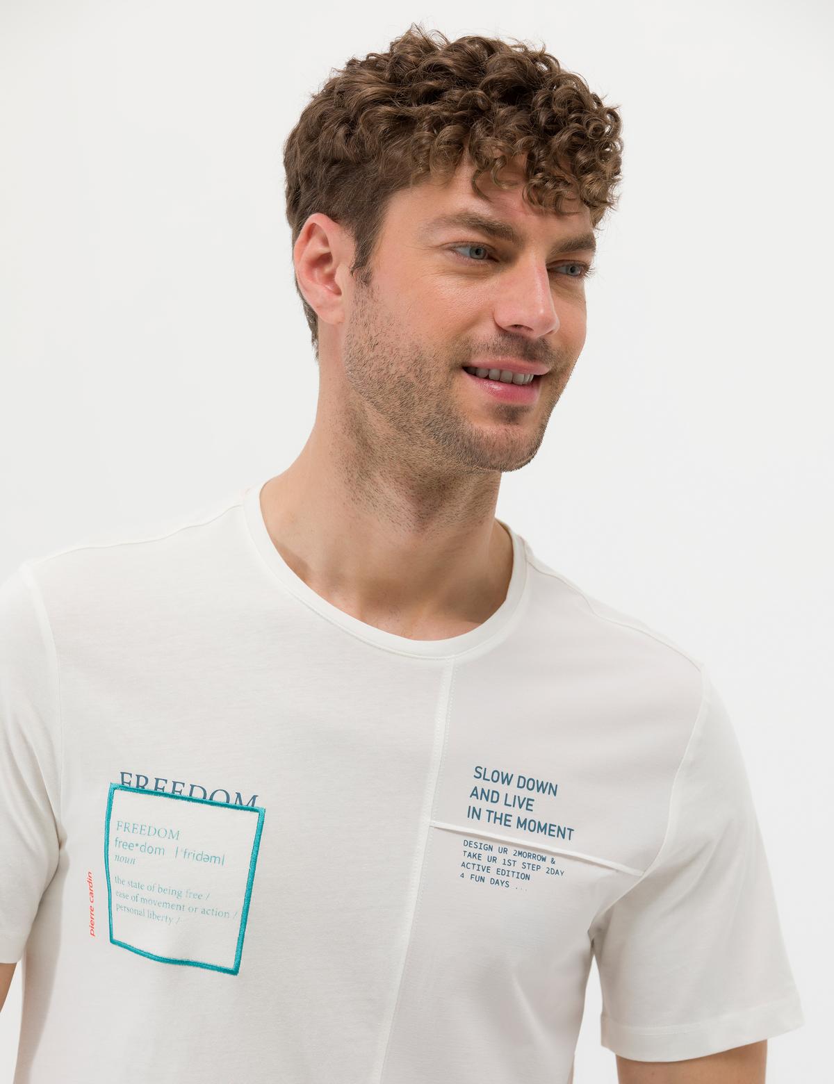 Ekru Slim Fit Baskılı Bisiklet Yaka Tişört - 50263929061