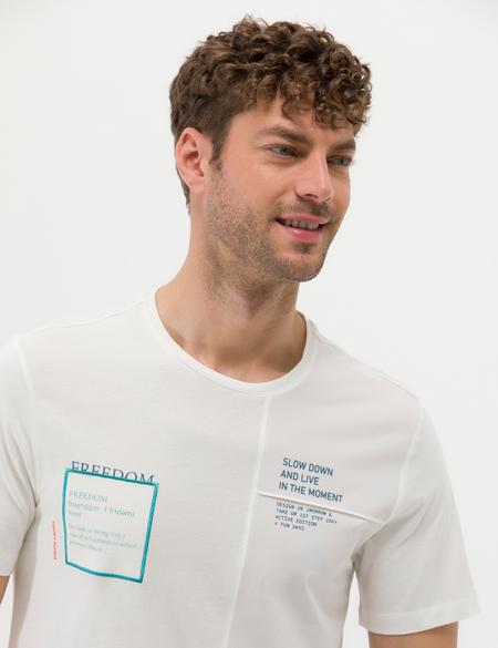 Ekru Slim Fit Baskılı Bisiklet Yaka Tişört - 50263929061