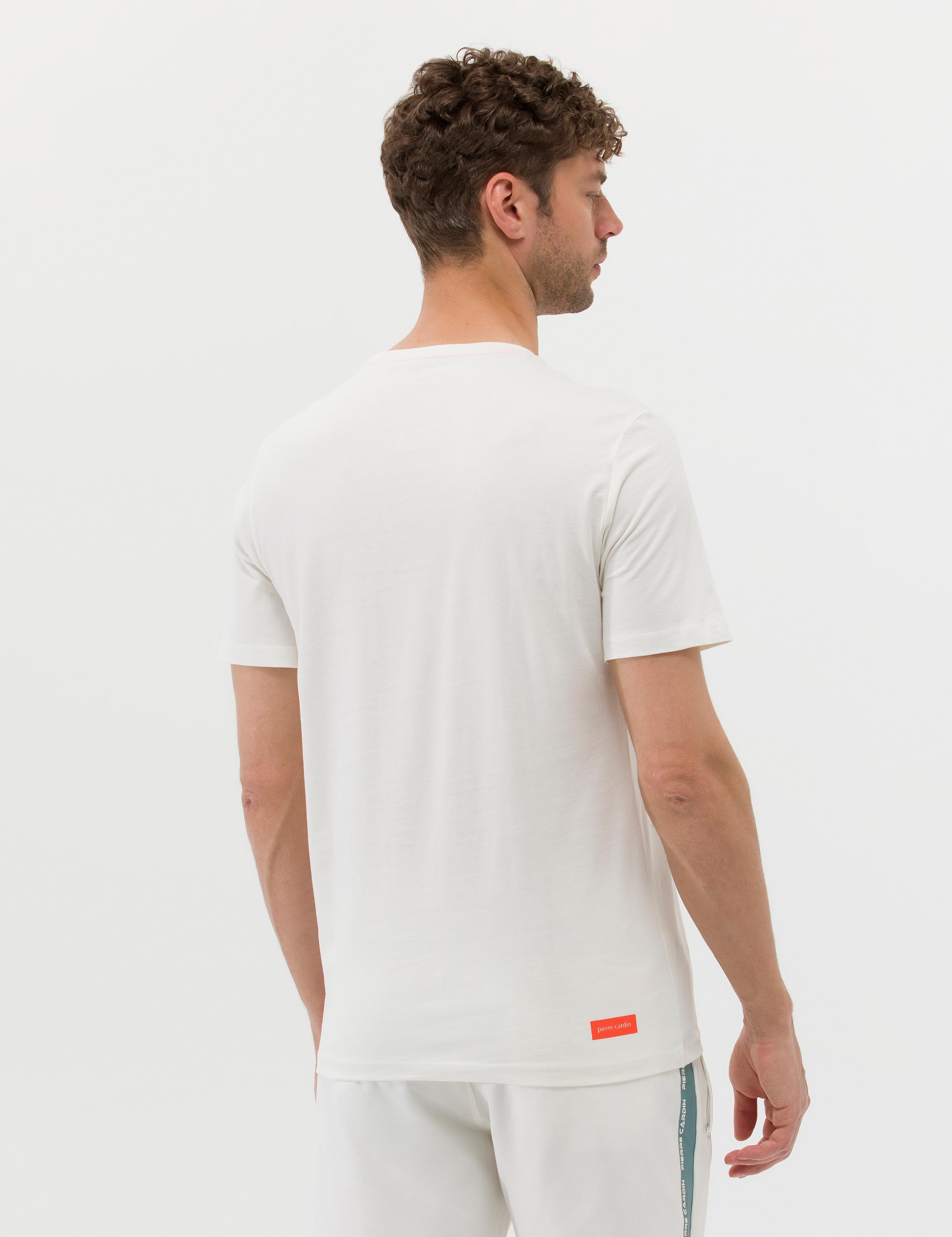 Ekru Slim Fit Baskılı Bisiklet Yaka Tişört