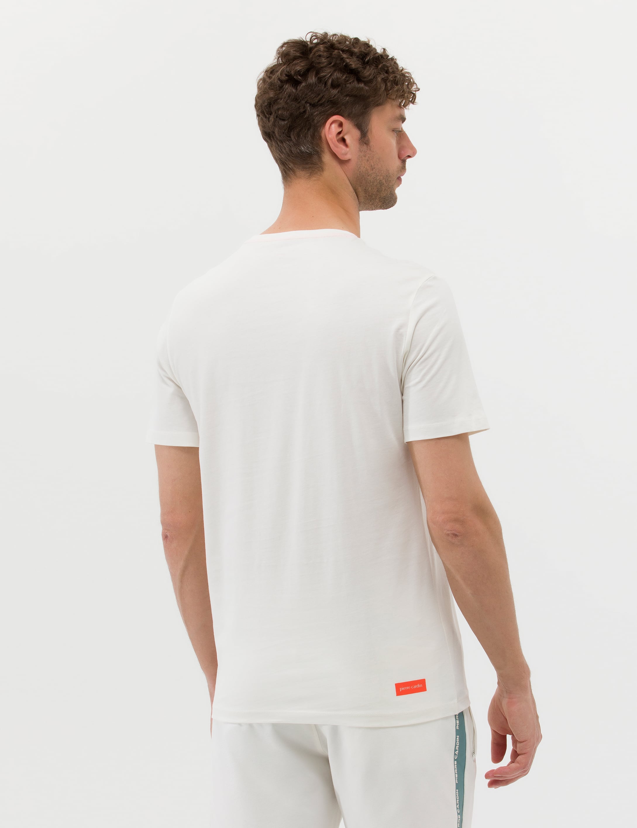 Ekru Slim Fit Baskılı Bisiklet Yaka Tişört - Image 5