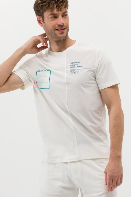 Ekru Slim Fit Baskılı Bisiklet Yaka Tişört