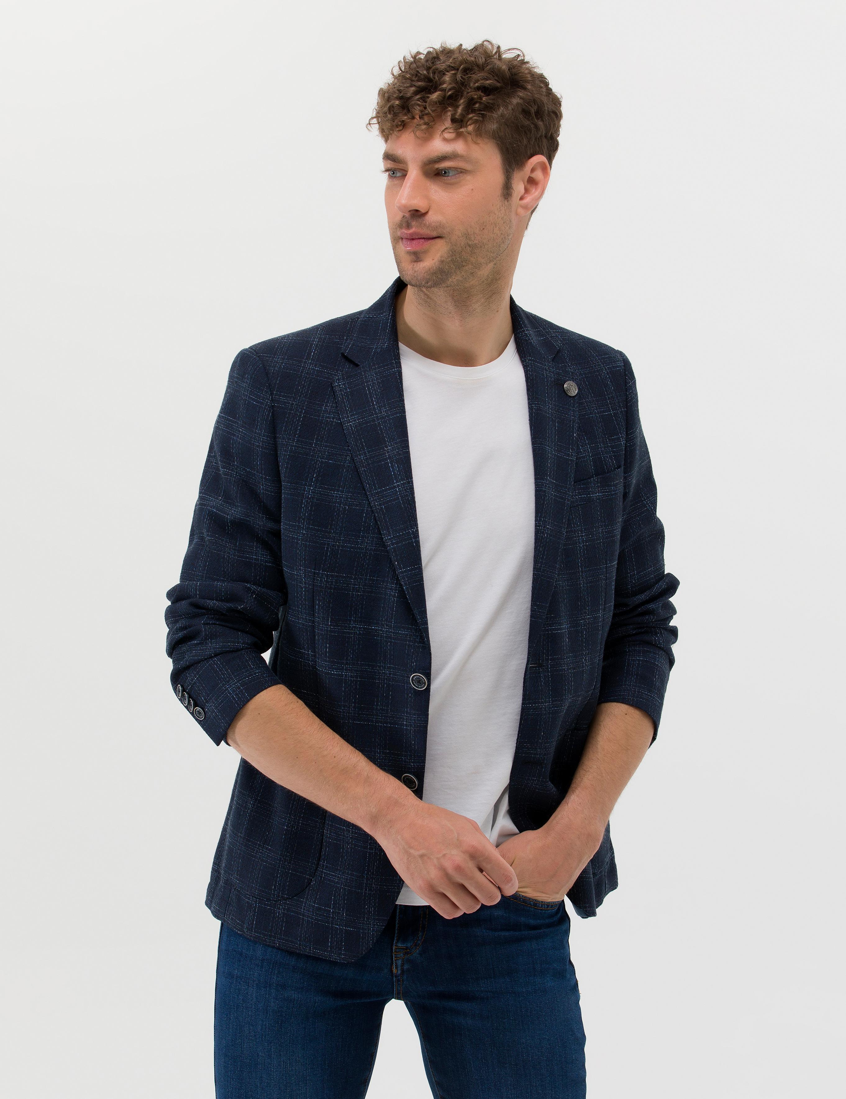 Lacivert Slim Fit Yün Keten Karışımlı Ekose Ceket