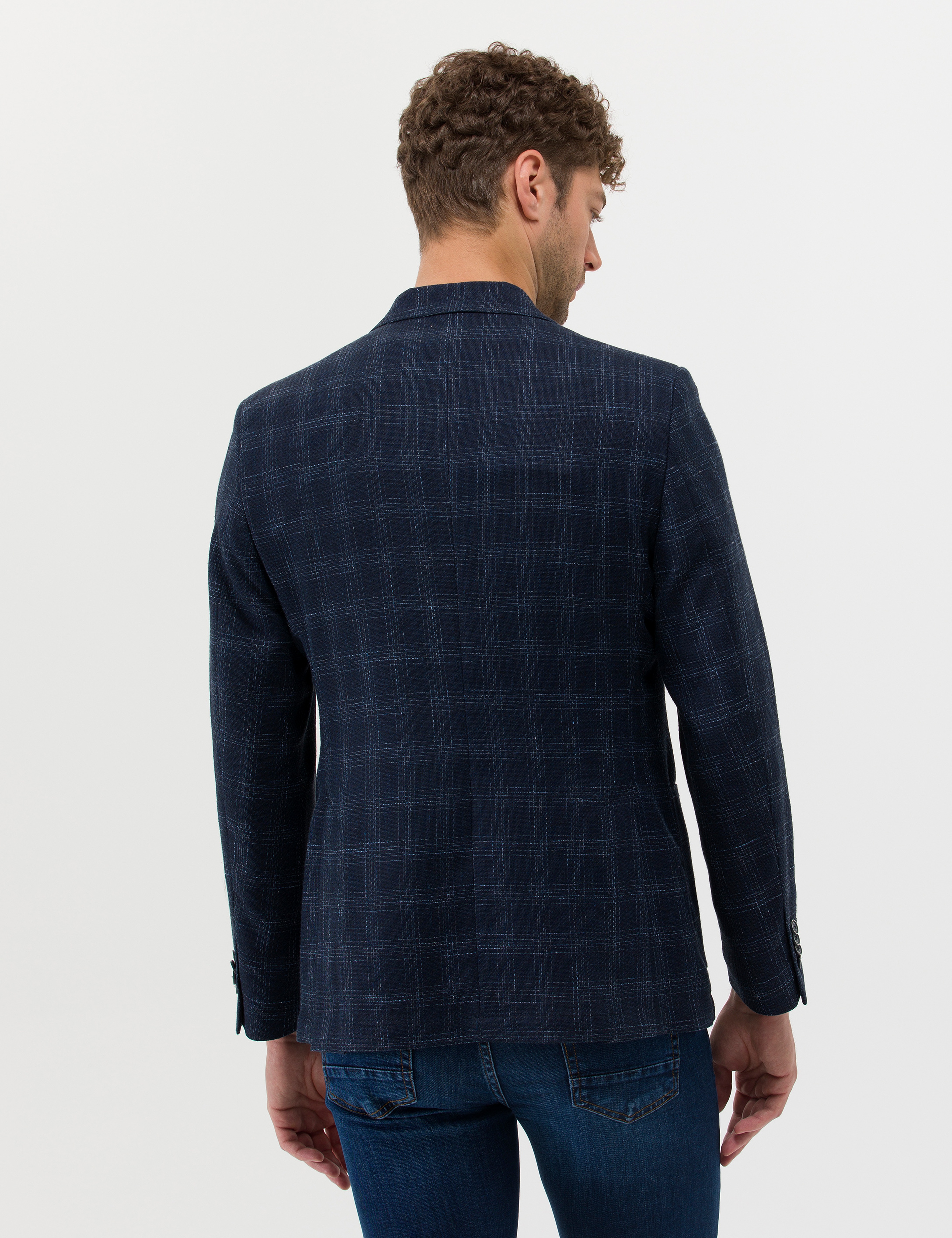 Lacivert Slim Fit Yün Keten Karışımlı Ekose Ceket