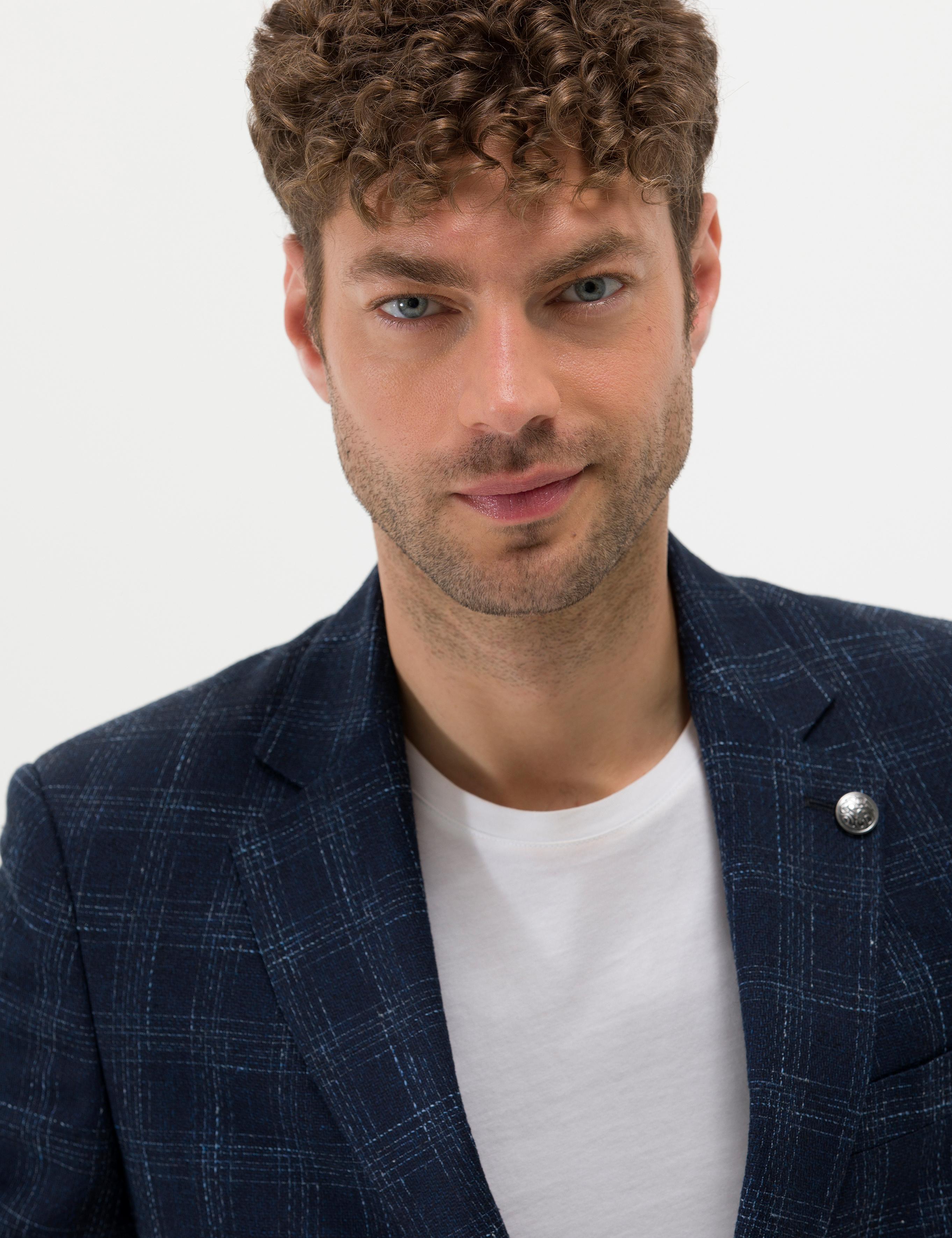 Lacivert Slim Fit Yün Keten Karışımlı Ekose Ceket