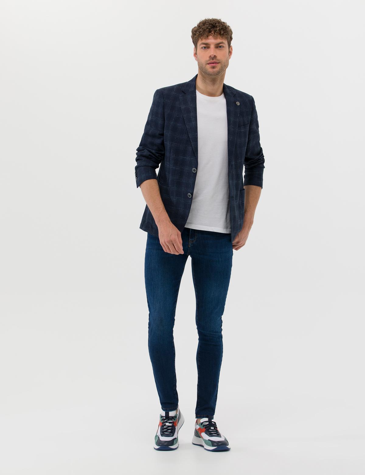 Lacivert Slim Fit Yün Keten Karışımlı Ekose Ceket - 50264616008