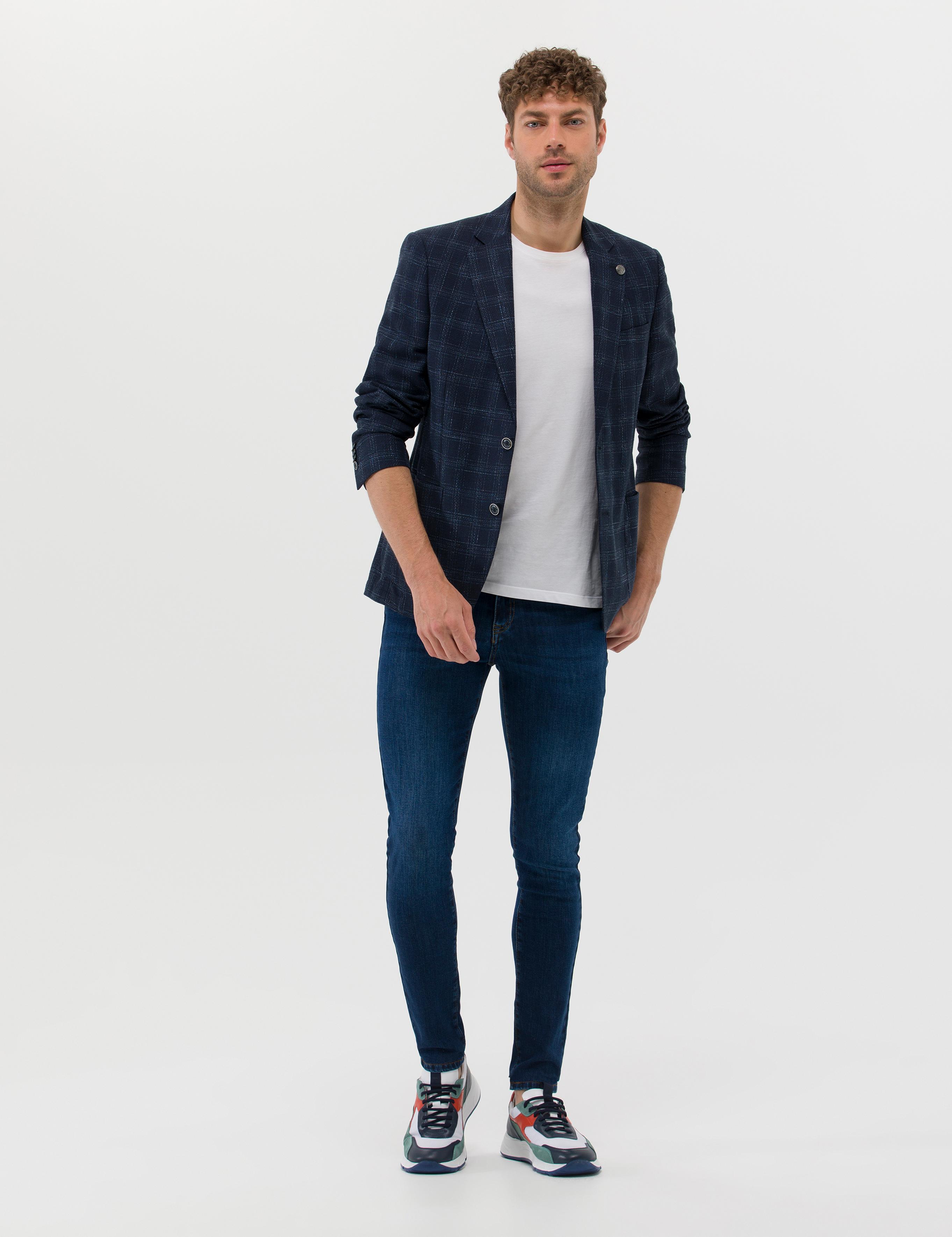 Lacivert Slim Fit Yün Keten Karışımlı Ekose Ceket