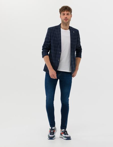Lacivert Slim Fit Yün Keten Karışımlı Ekose Ceket - 50264616008