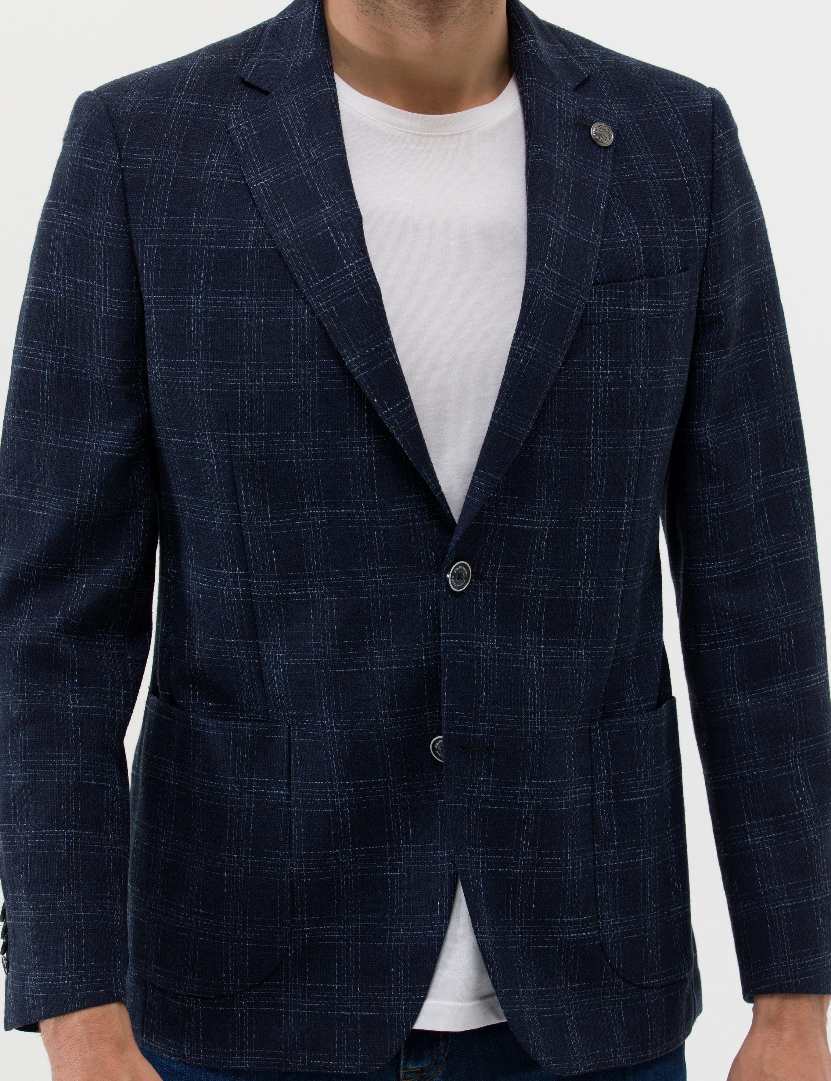 Lacivert Slim Fit Yün Keten Karışımlı Ekose Ceket