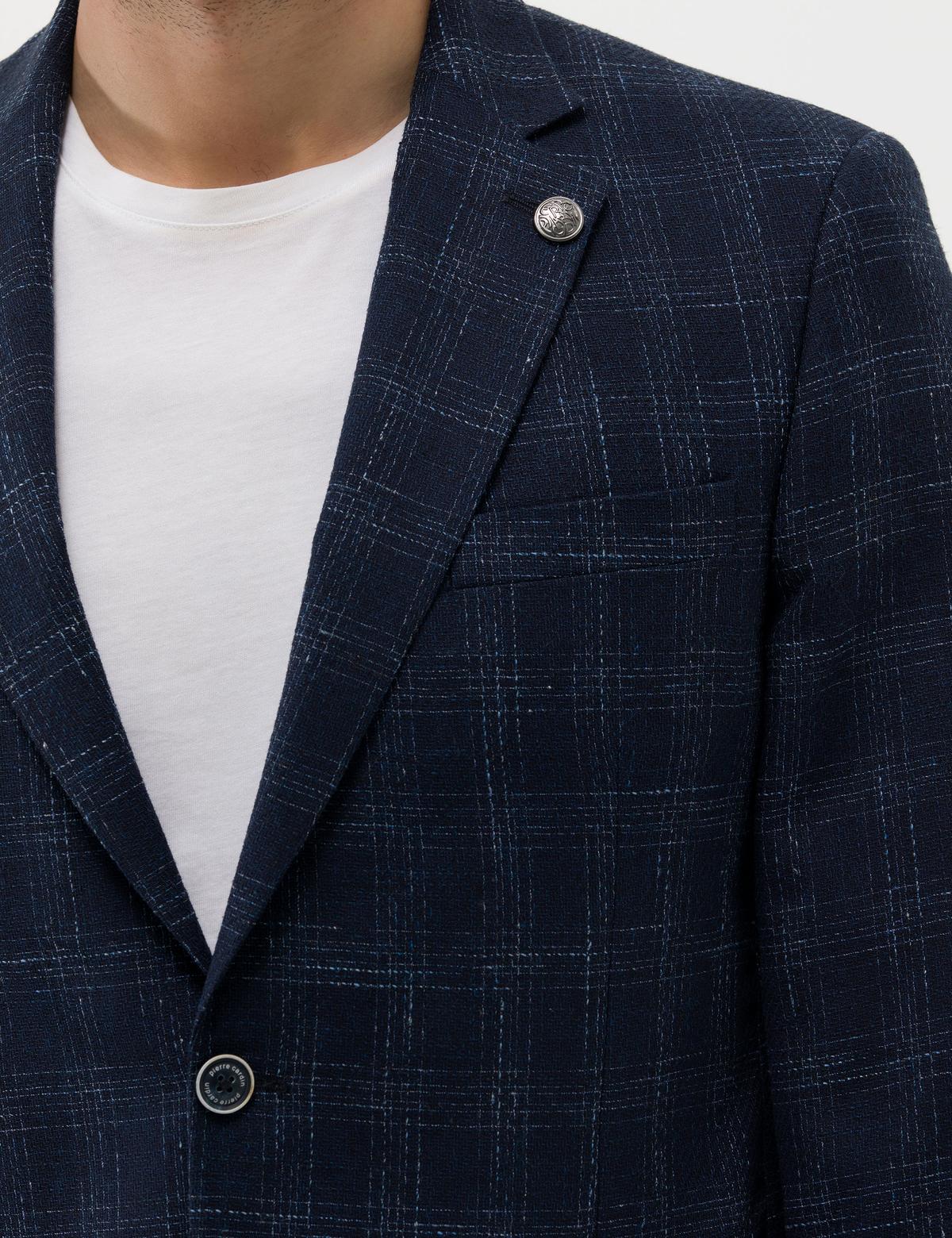 Lacivert Slim Fit Yün Keten Karışımlı Ekose Ceket - 50264616008