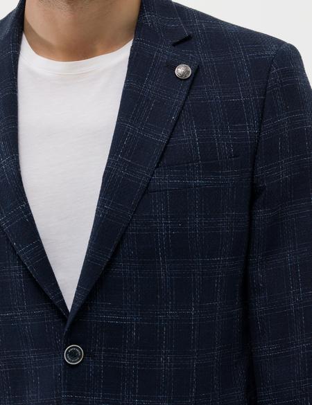 Lacivert Slim Fit Yün Keten Karışımlı Ekose Ceket - 50264616008