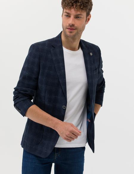 Lacivert Slim Fit Yün Keten Karışımlı Ekose Ceket - 50264616020