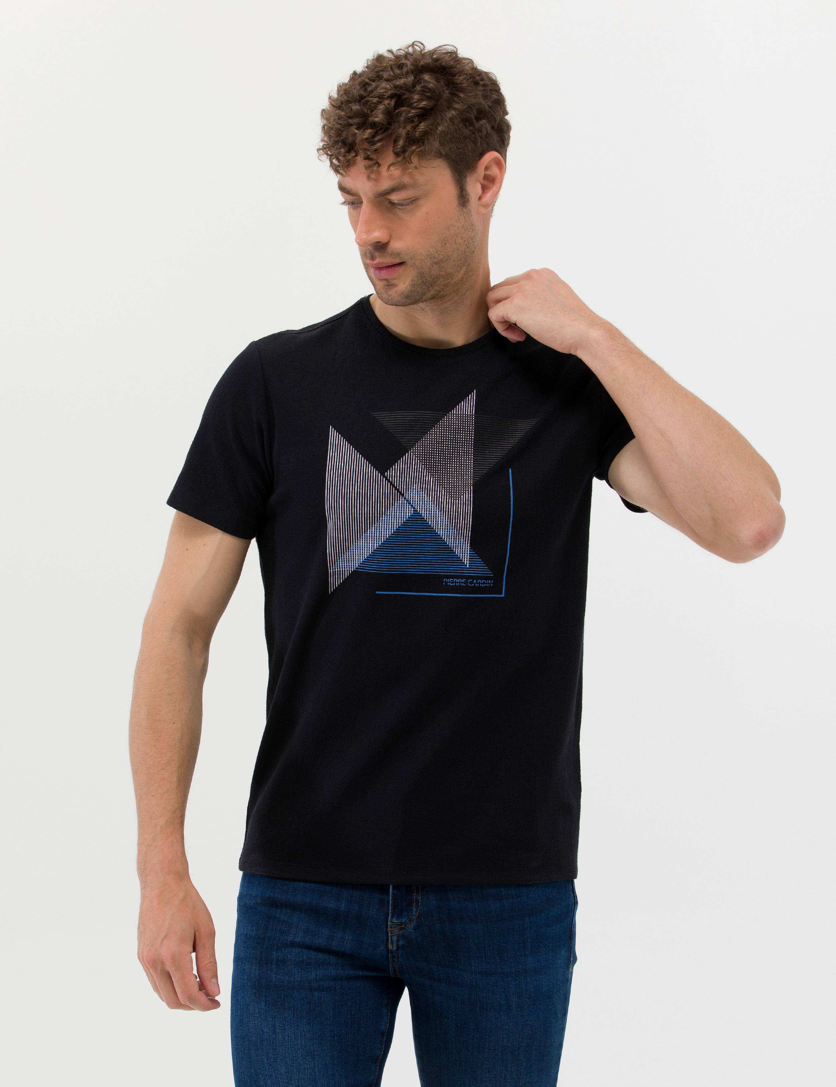 Siyah Slim Fit Baskılı Bisiklet Yaka Tişört