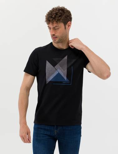 Siyah Slim Fit Baskılı Bisiklet Yaka Tişört