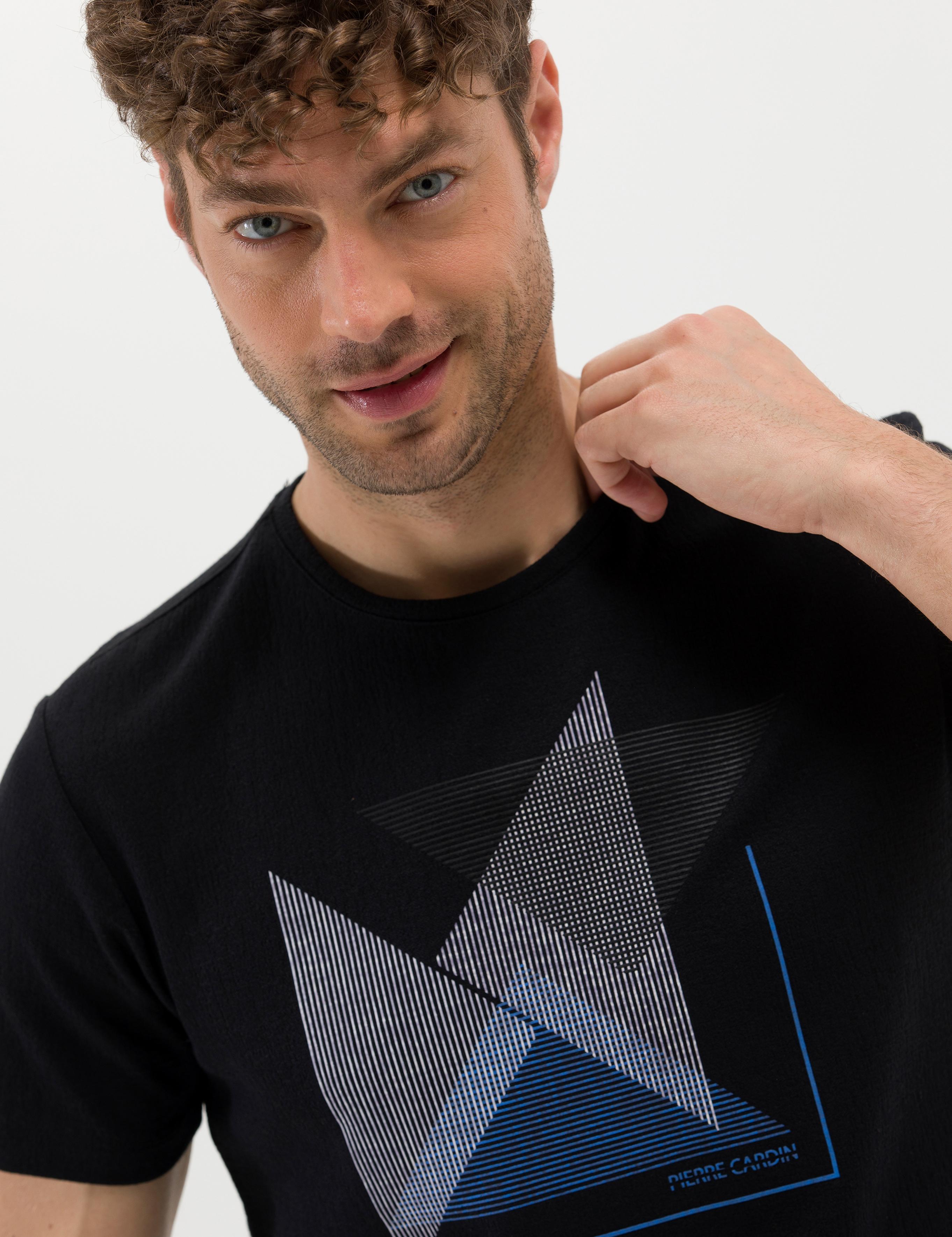 Siyah Slim Fit Baskılı Bisiklet Yaka Tişört