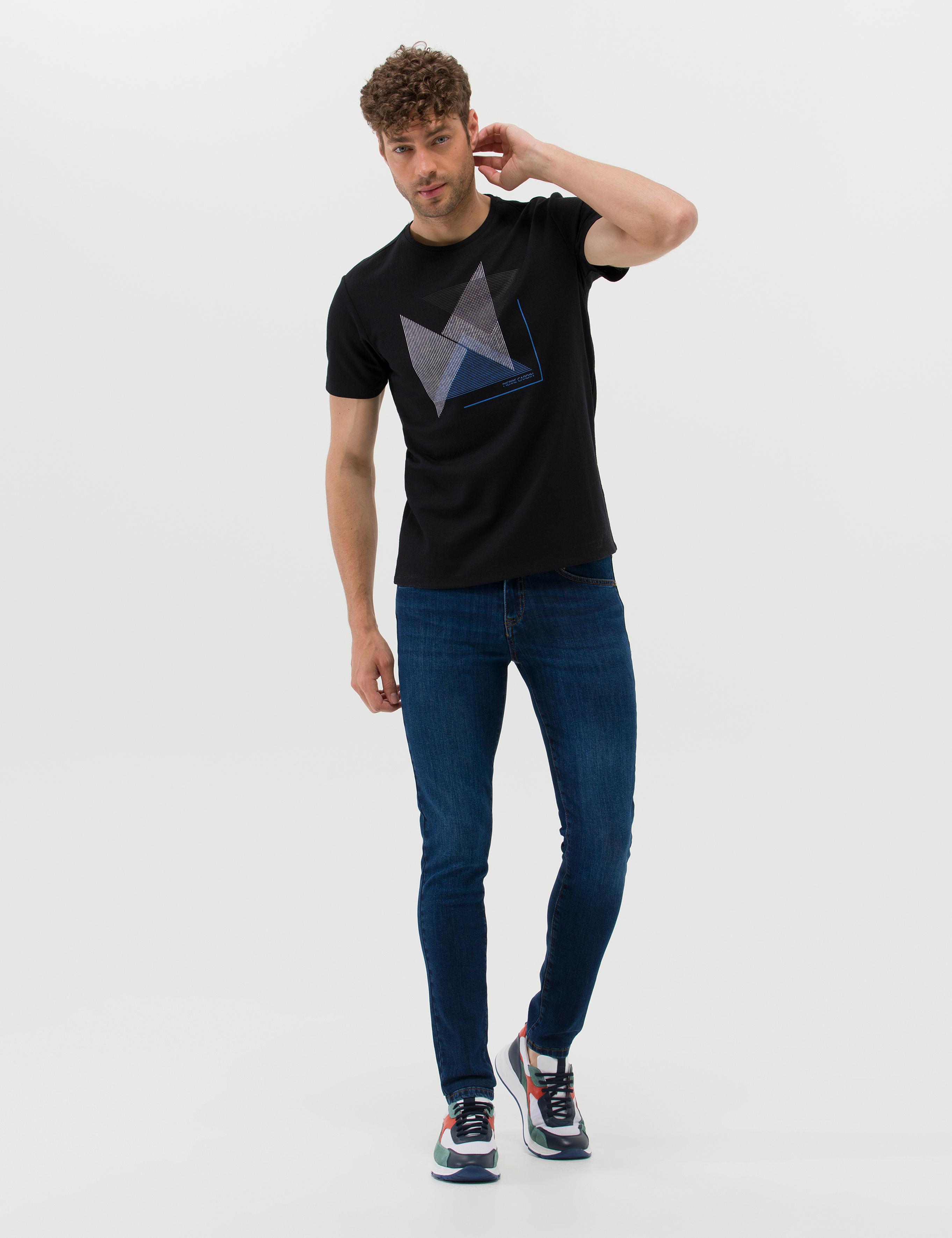 Siyah Slim Fit Baskılı Bisiklet Yaka Tişört