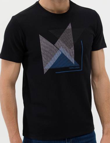 Siyah Slim Fit Baskılı Bisiklet Yaka Tişört