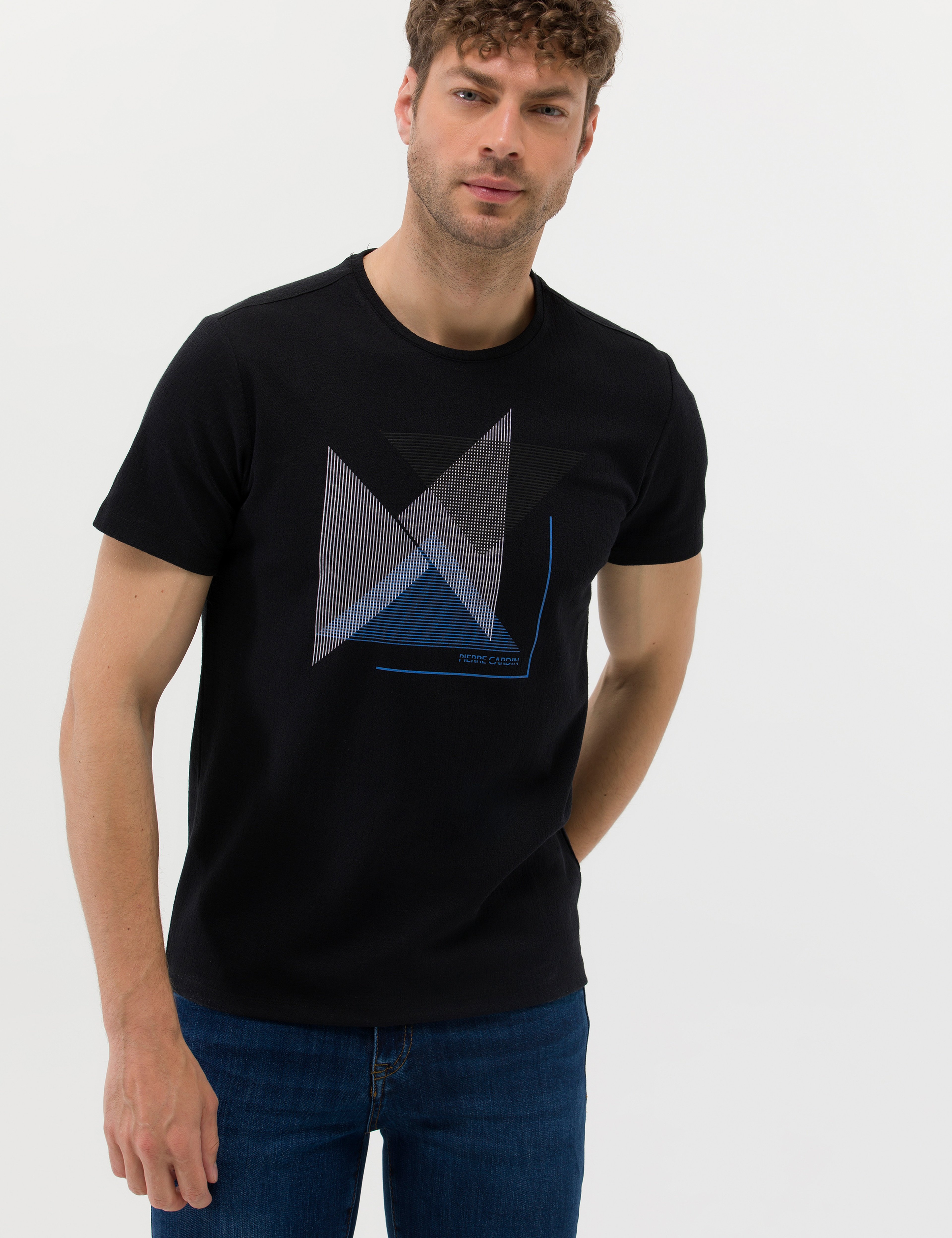 Siyah Slim Fit Baskılı Bisiklet Yaka Tişört