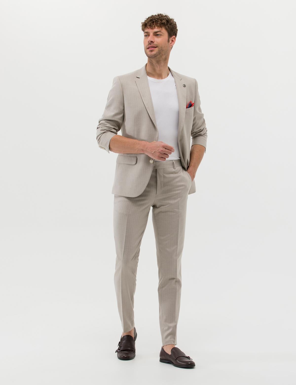 Bej Çizgili Ekstra Slim Fit Takım Elbise