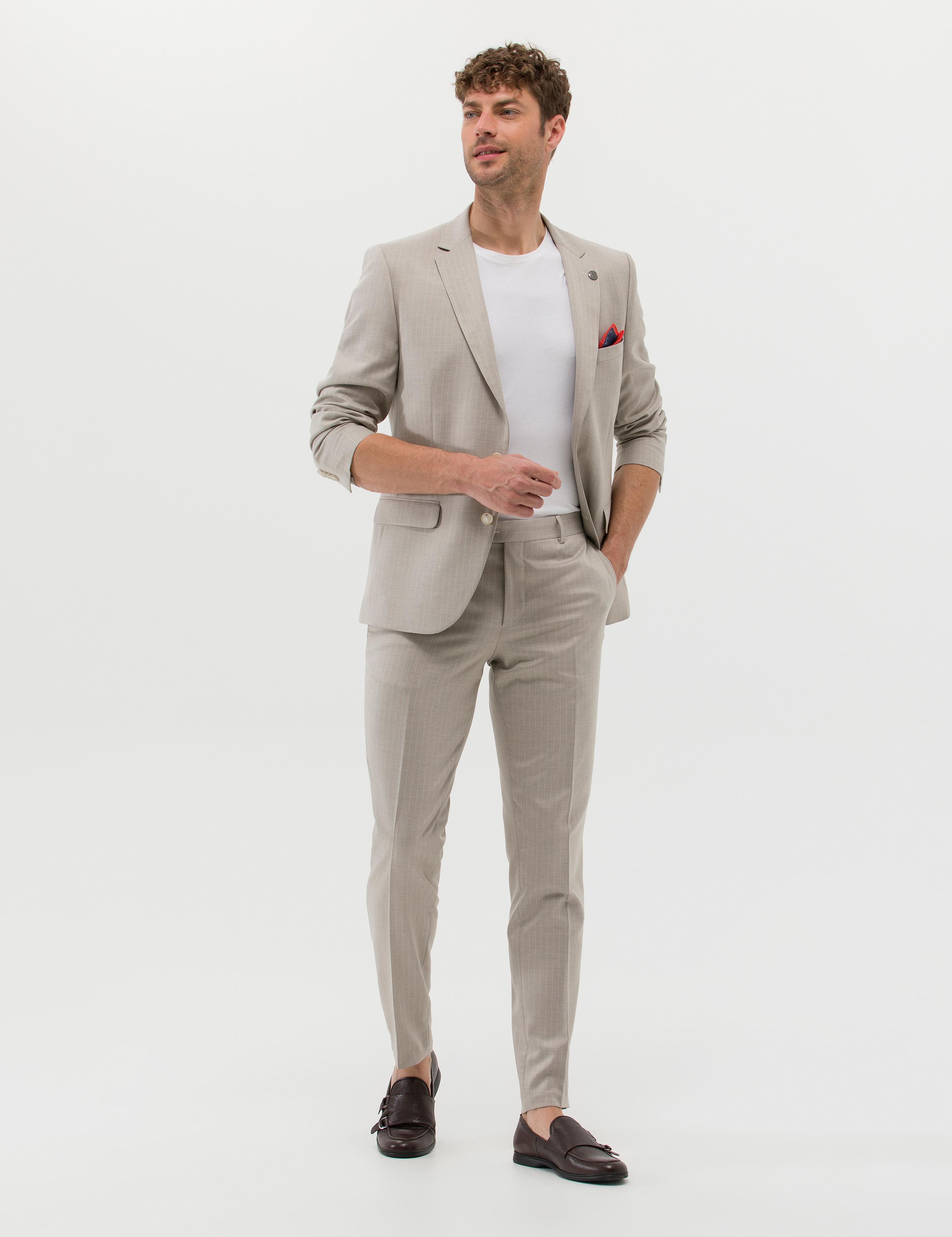 Bej Çizgili Ekstra Slim Fit Takım Elbise