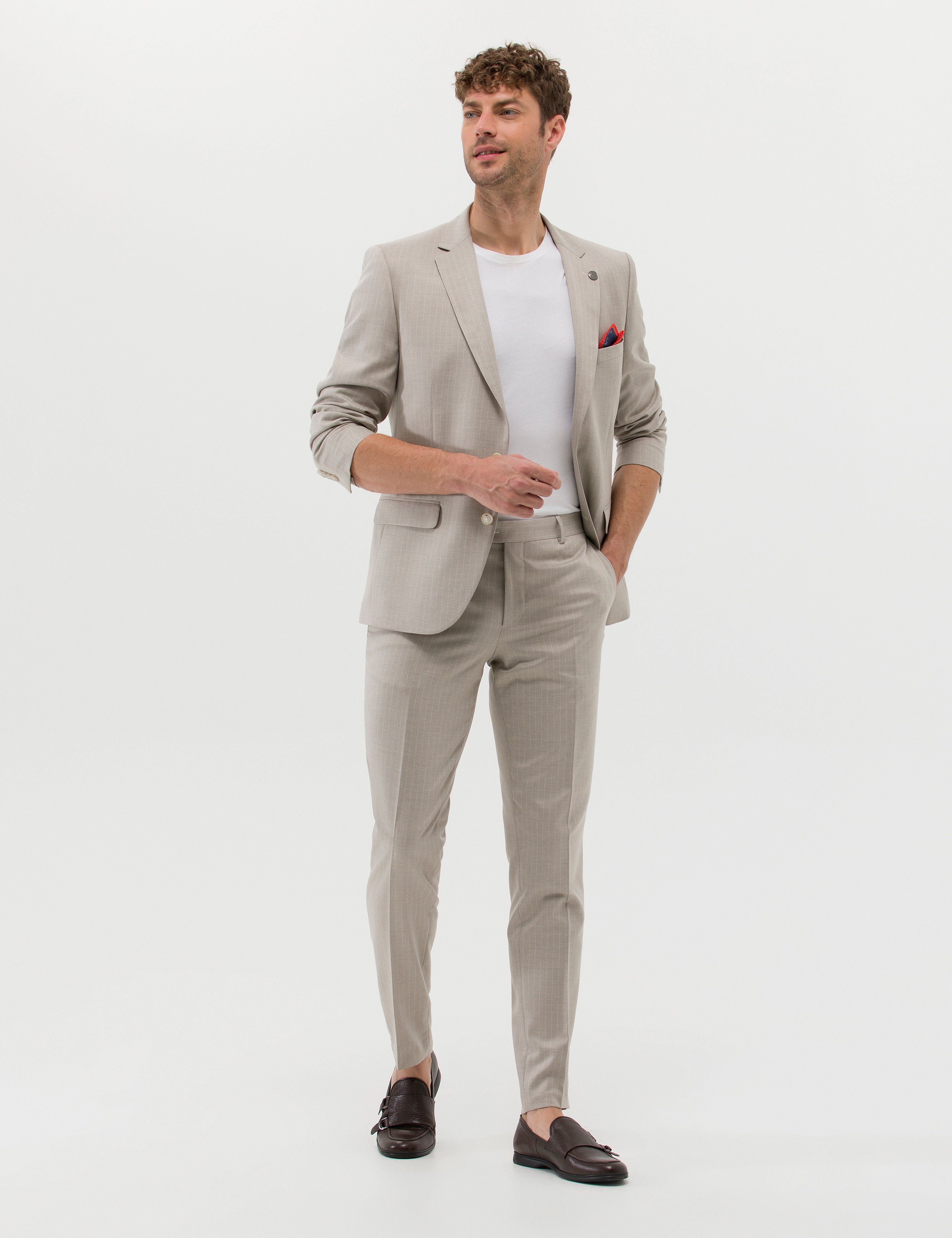 Bej Çizgili Ekstra Slim Fit Takım Elbise - Image 1