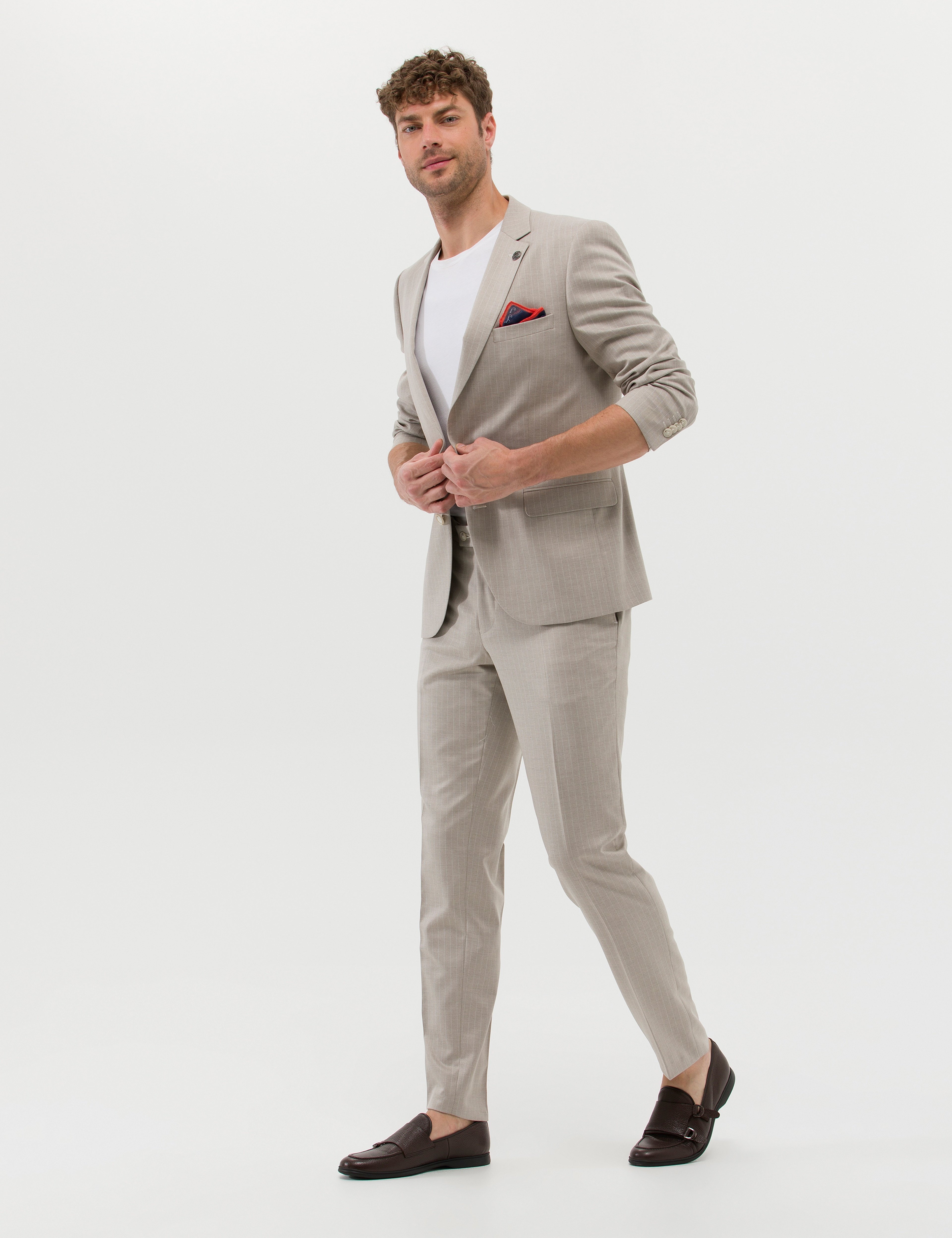 Bej Çizgili Ekstra Slim Fit Takım Elbise