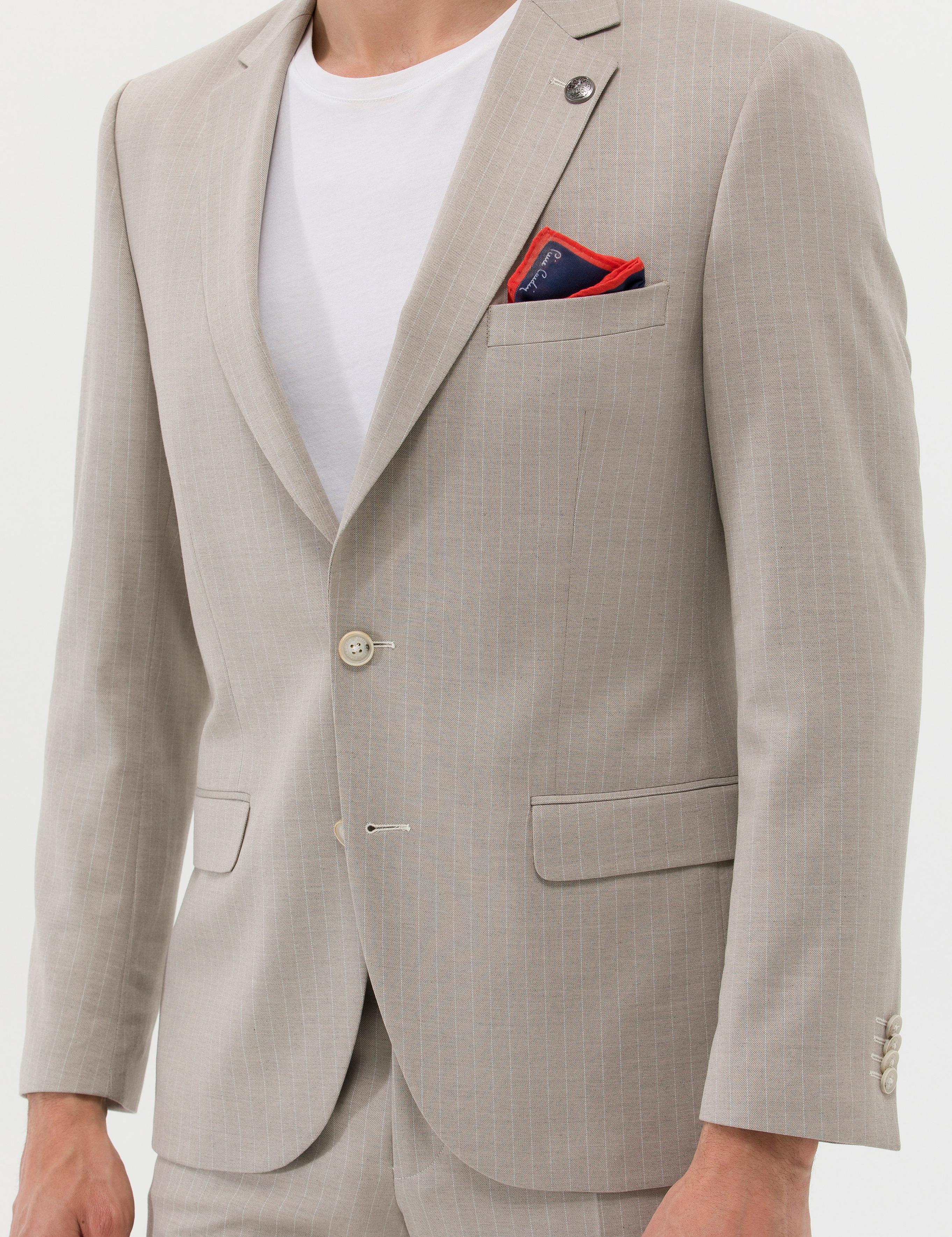 Bej Çizgili Ekstra Slim Fit Takım Elbise