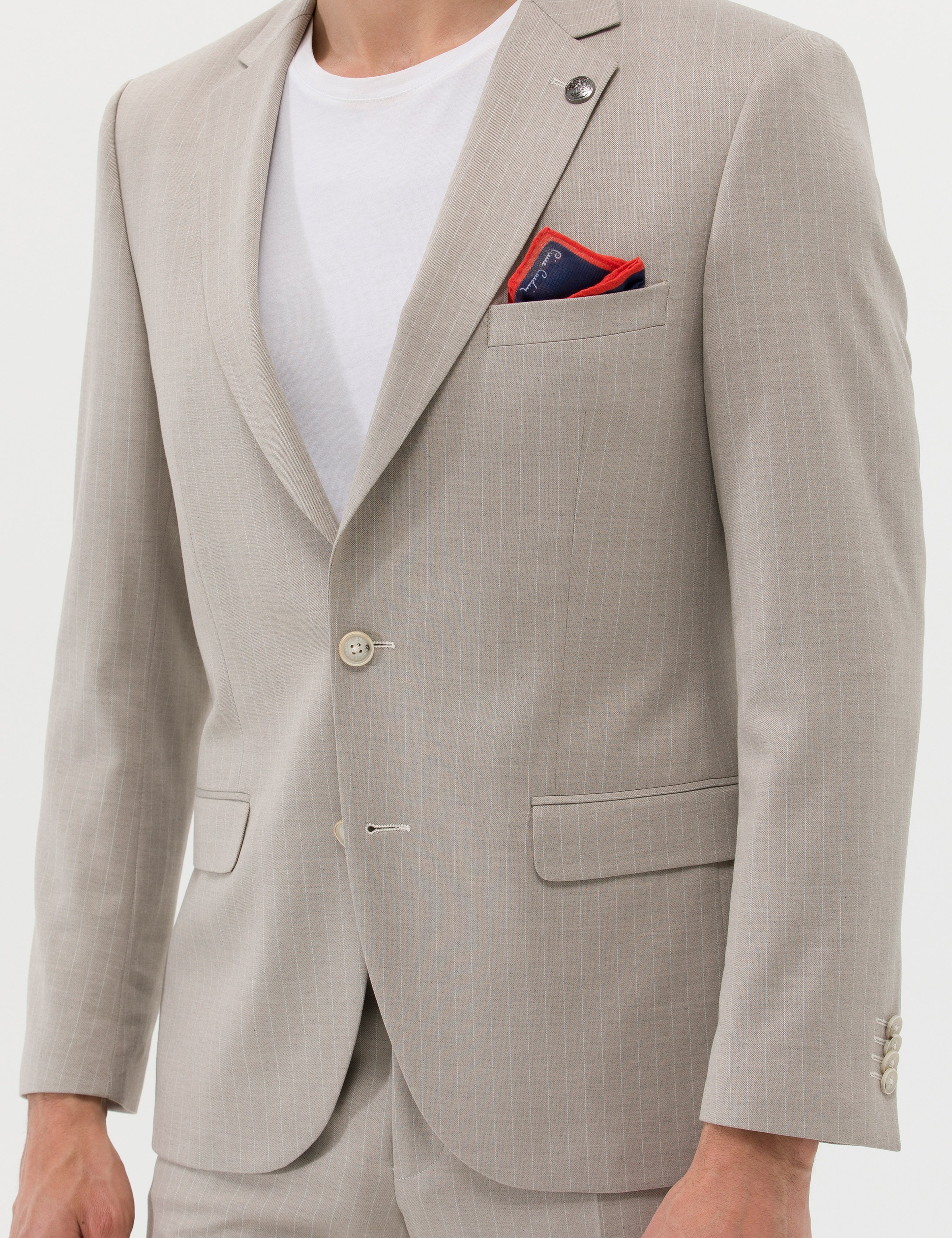 Bej Çizgili Ekstra Slim Fit Takım Elbise
