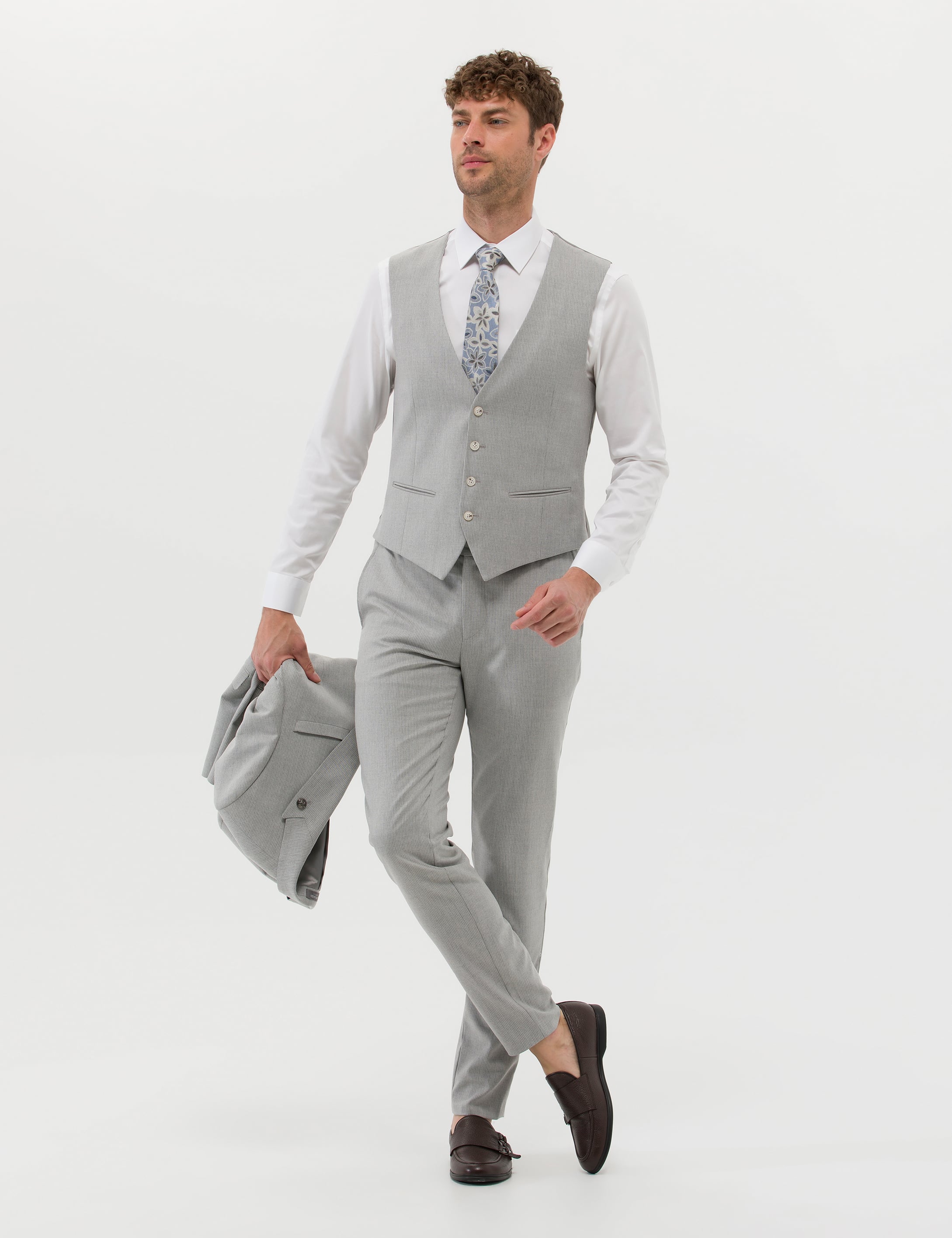 Gri Ekstra Slim Fit Yelekli Takım Elbise