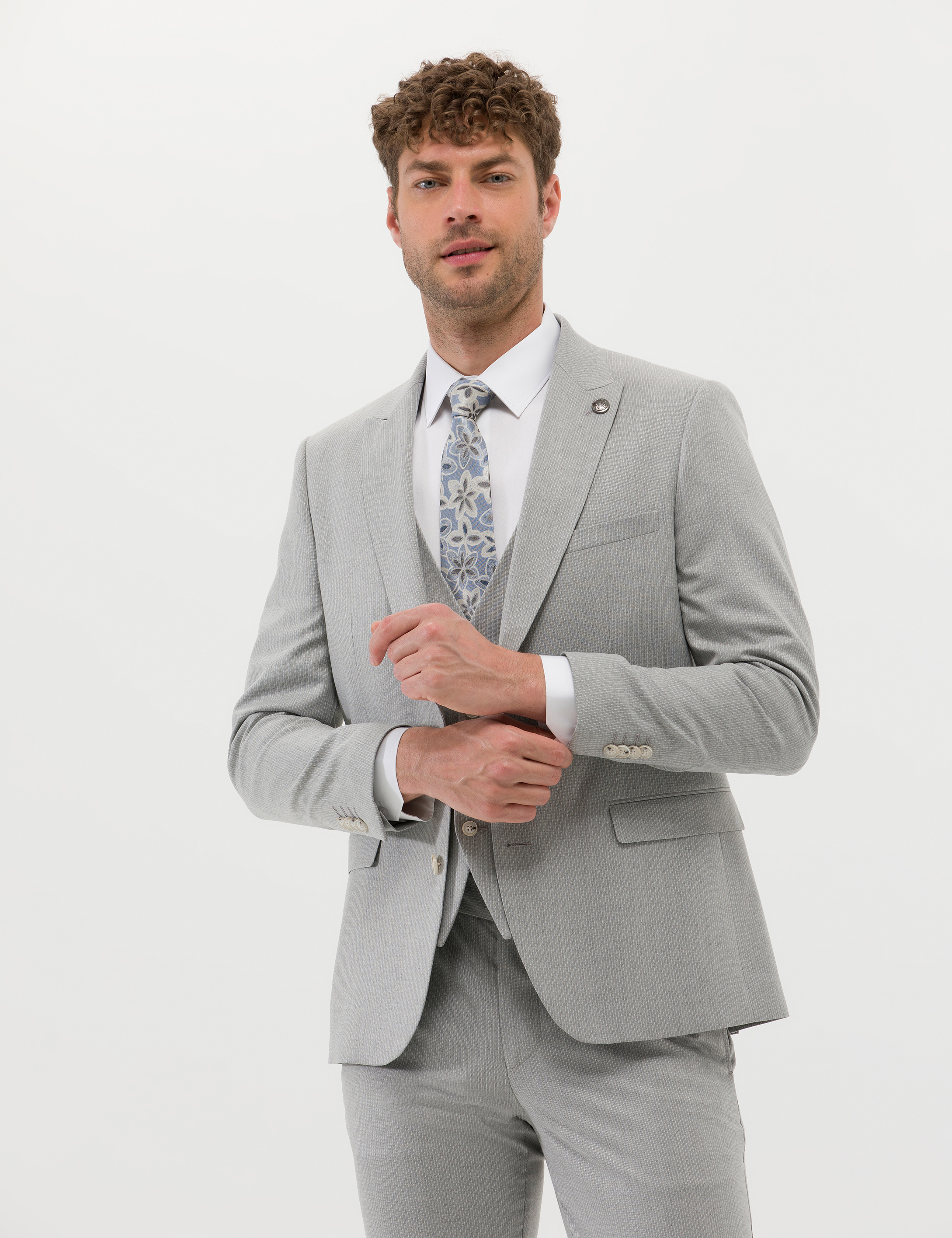 Gri Ekstra Slim Fit Yelekli Takım Elbise