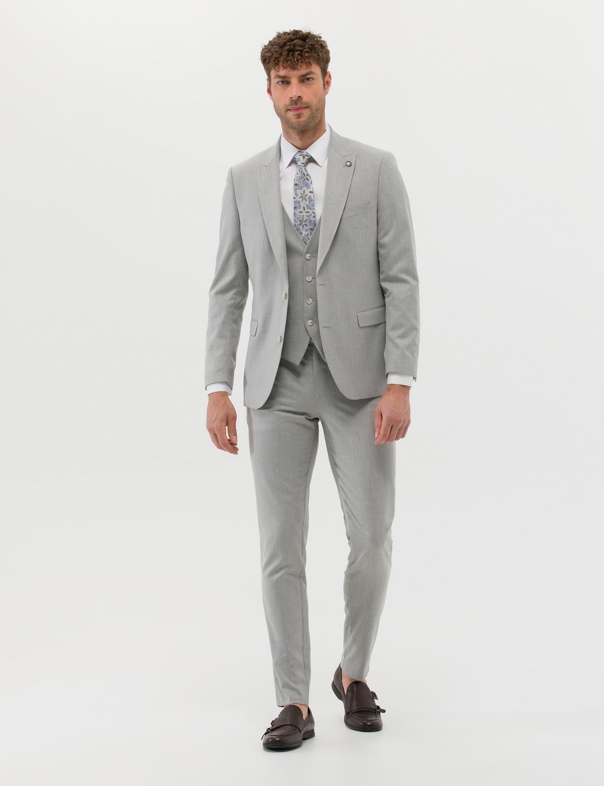 Gri Ekstra Slim Fit Yelekli Takım Elbise