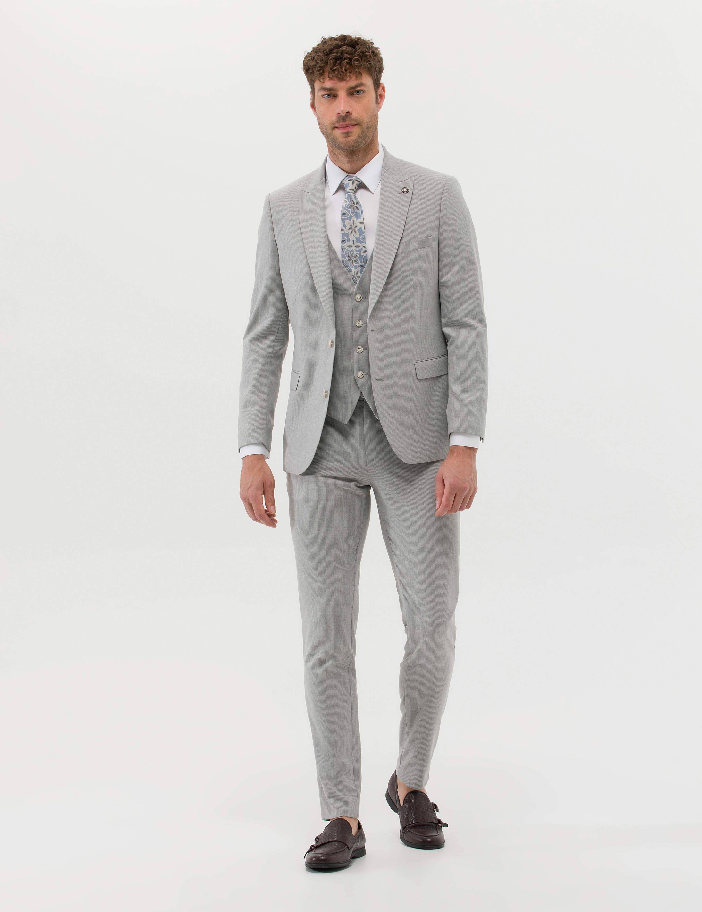 Gri Ekstra Slim Fit Yelekli Takım Elbise