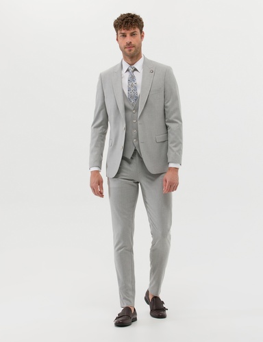 Gri Ekstra Slim Fit Yelekli Takım Elbise