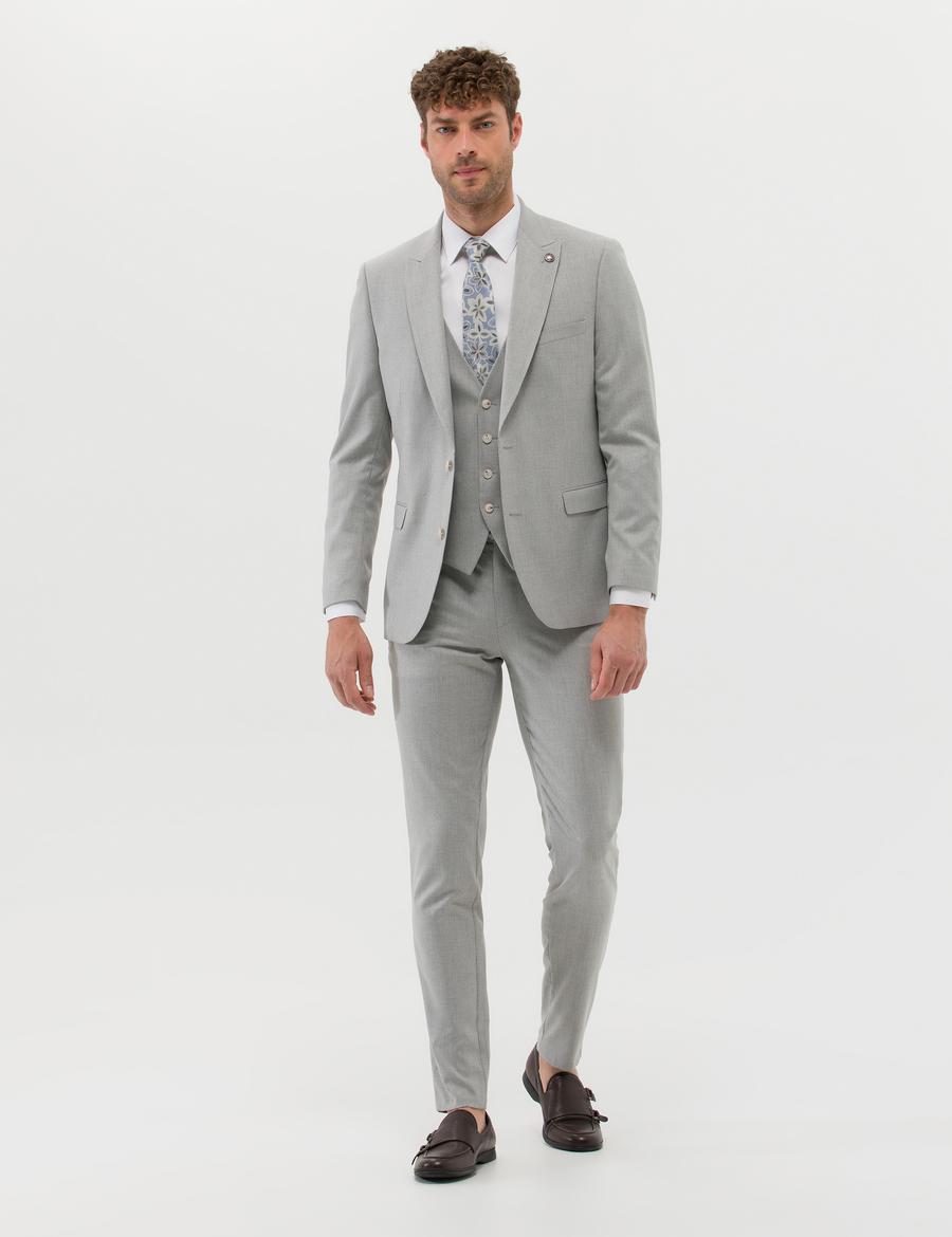 Gri Ekstra Slim Fit Yelekli Takım Elbise