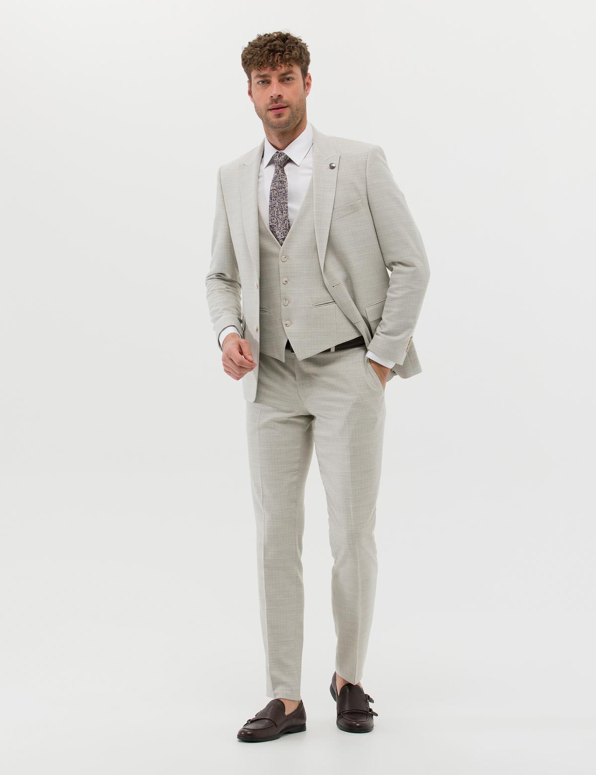 Bej Yelekli Slim Fit Takım Elbise - 50266616155