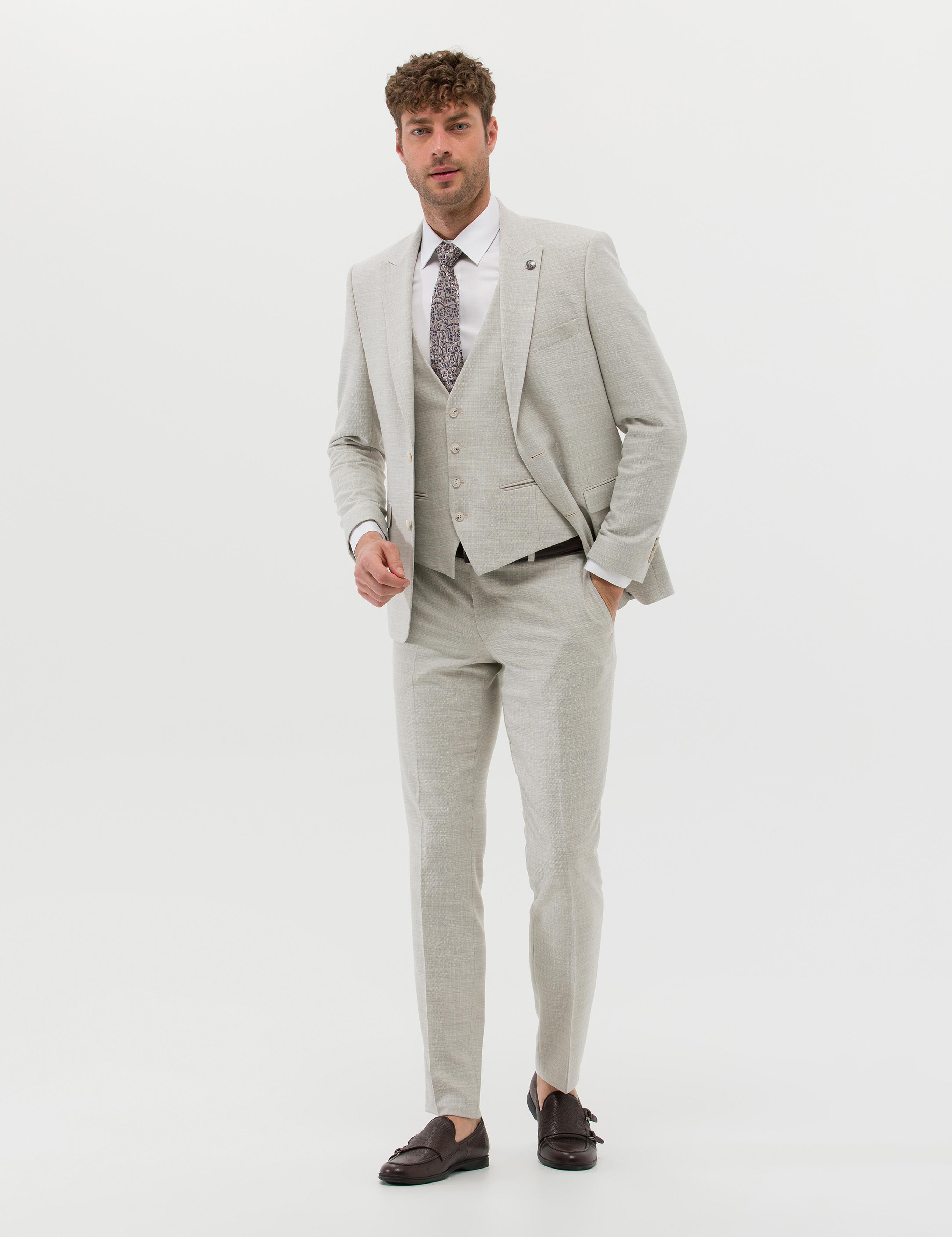 Bej Yelekli Slim Fit Takım Elbise